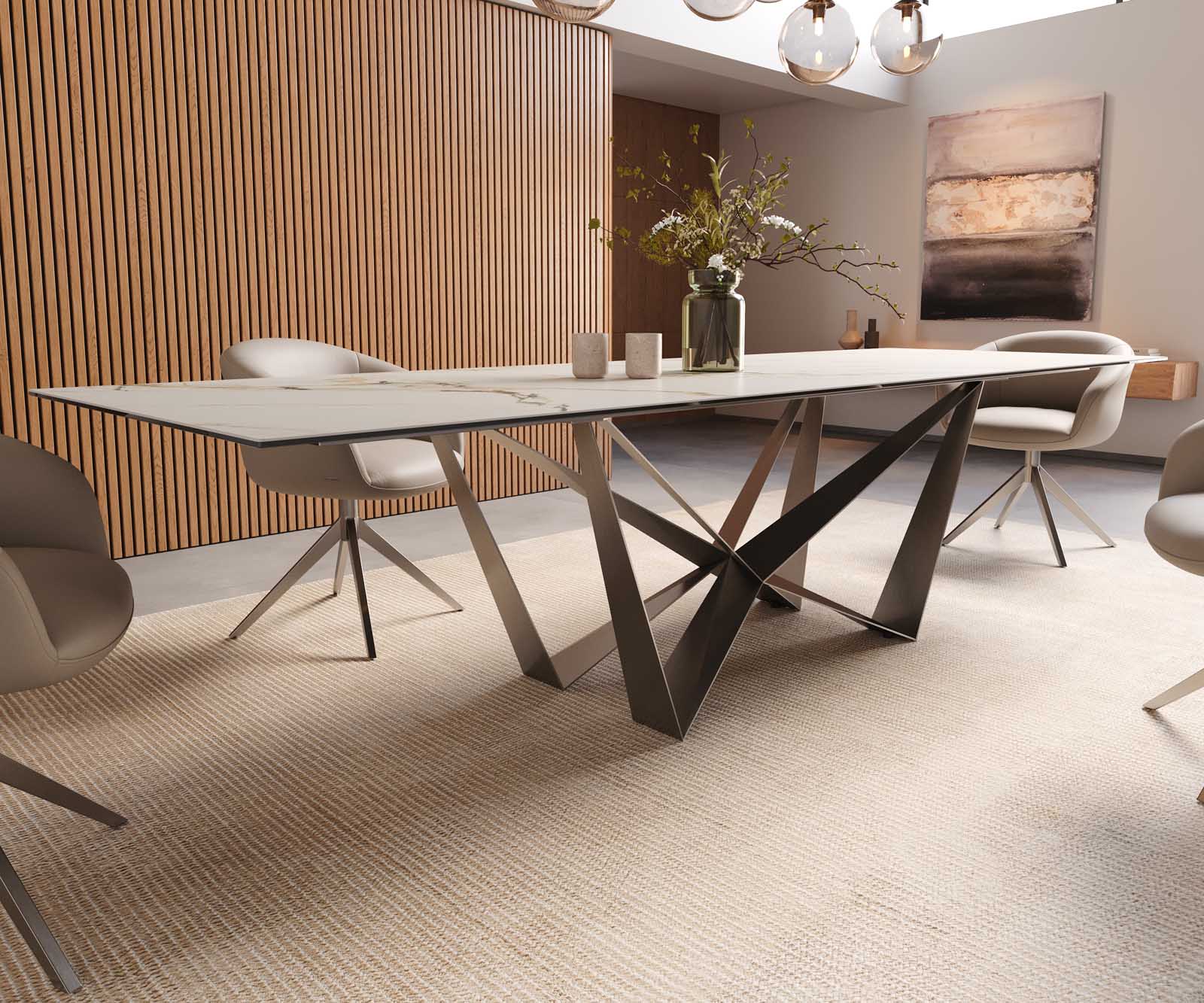 Table à manger Edge 300x100 céramique Calacatta Luxe blanc-doré-gris Spider acier plat acier inoxydable 6