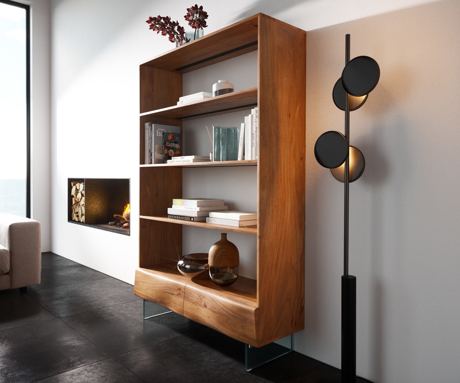 Étagère New Live-Edge 115x150 cm acacia naturel 2 tiroirs pieds en verre  1