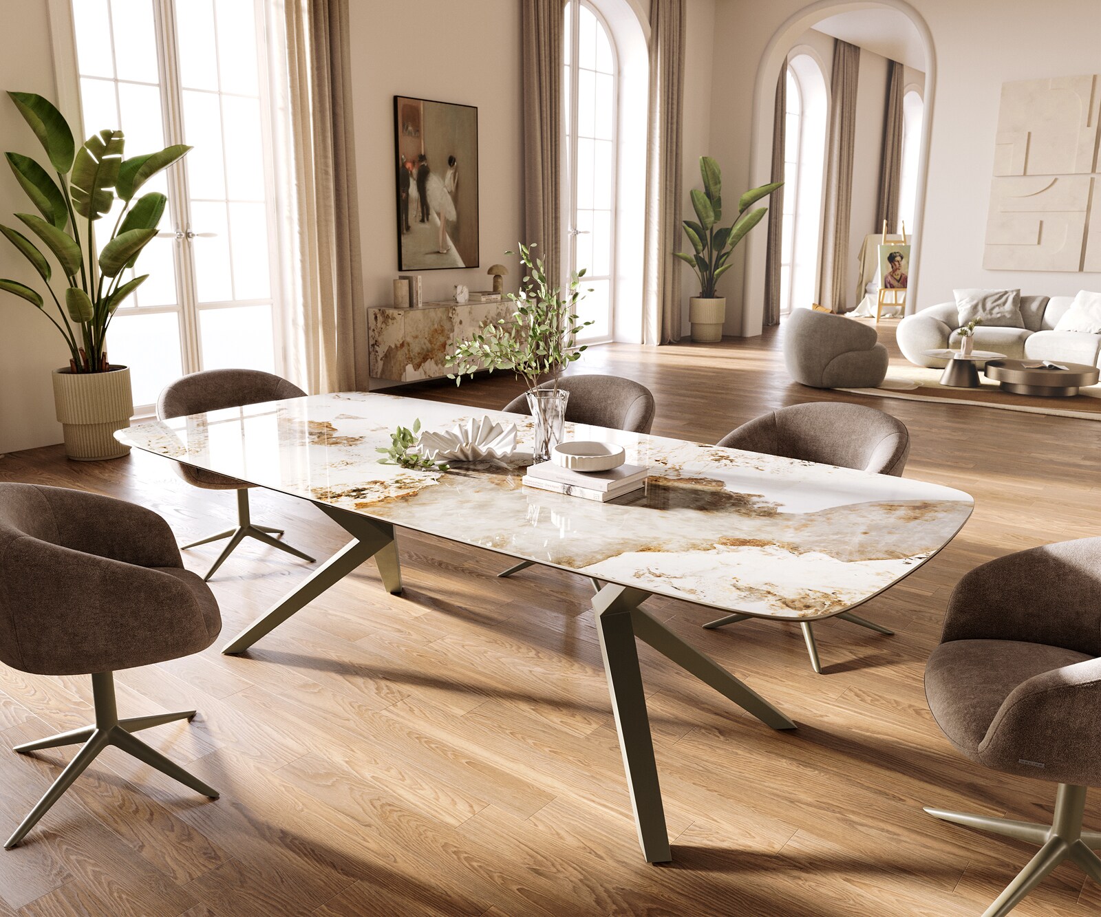 Table à manger Edge Boot 260x120 cm Céramique Minas Melange Blanc-Beige Zenthara kantik Métal Finition effet Titan 1