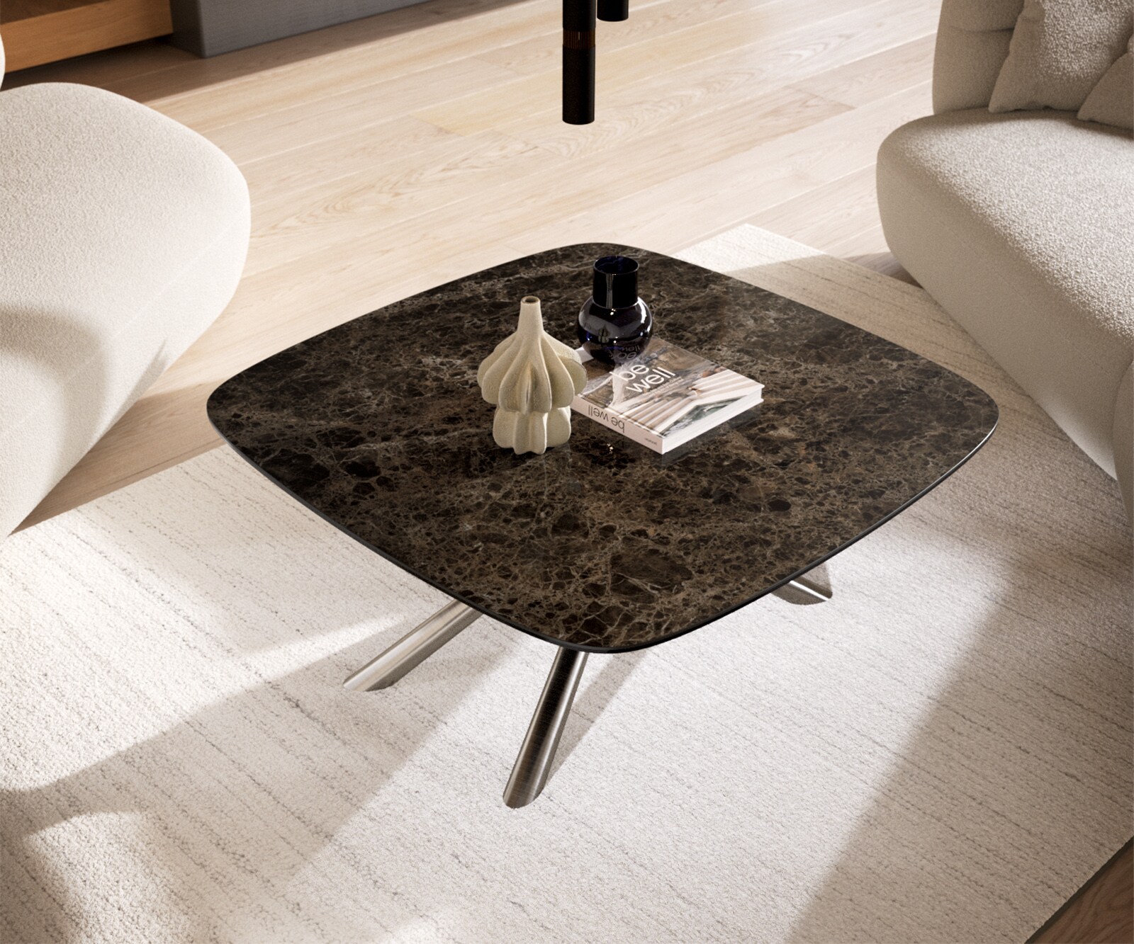 Table basse Edge Boot 90x90 cm céramique Laminam® Emperador Extra Lucidato brun foncé Sarity acier inoxydable brossé 3