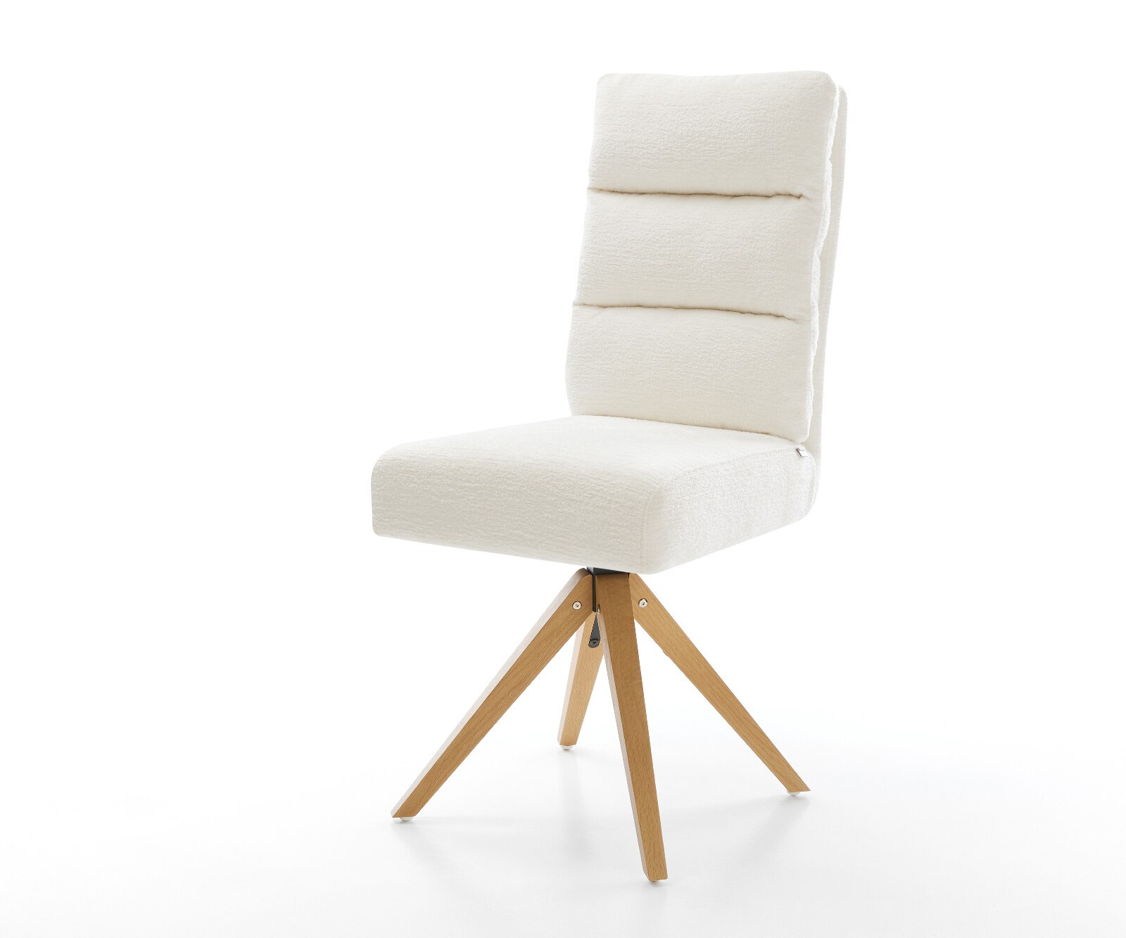 Chaise-pivotante Pela-Flex bouclé doux beige pied en bois angulaire naturel pivotement sur 180° resorts ensachés