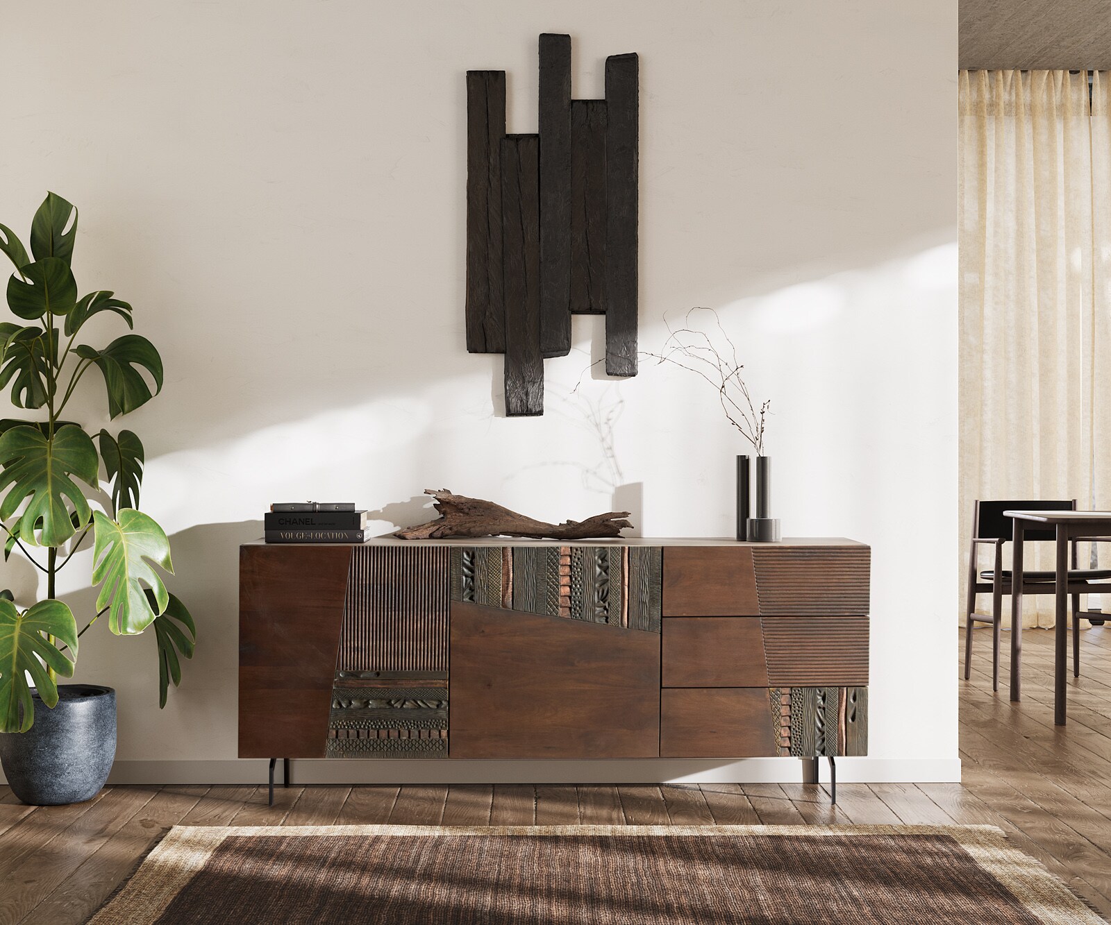 Buffet Imara 175 cm, couleur mangue, 2 portes, 3 tiroirs, pieds en angle en métal noir 2