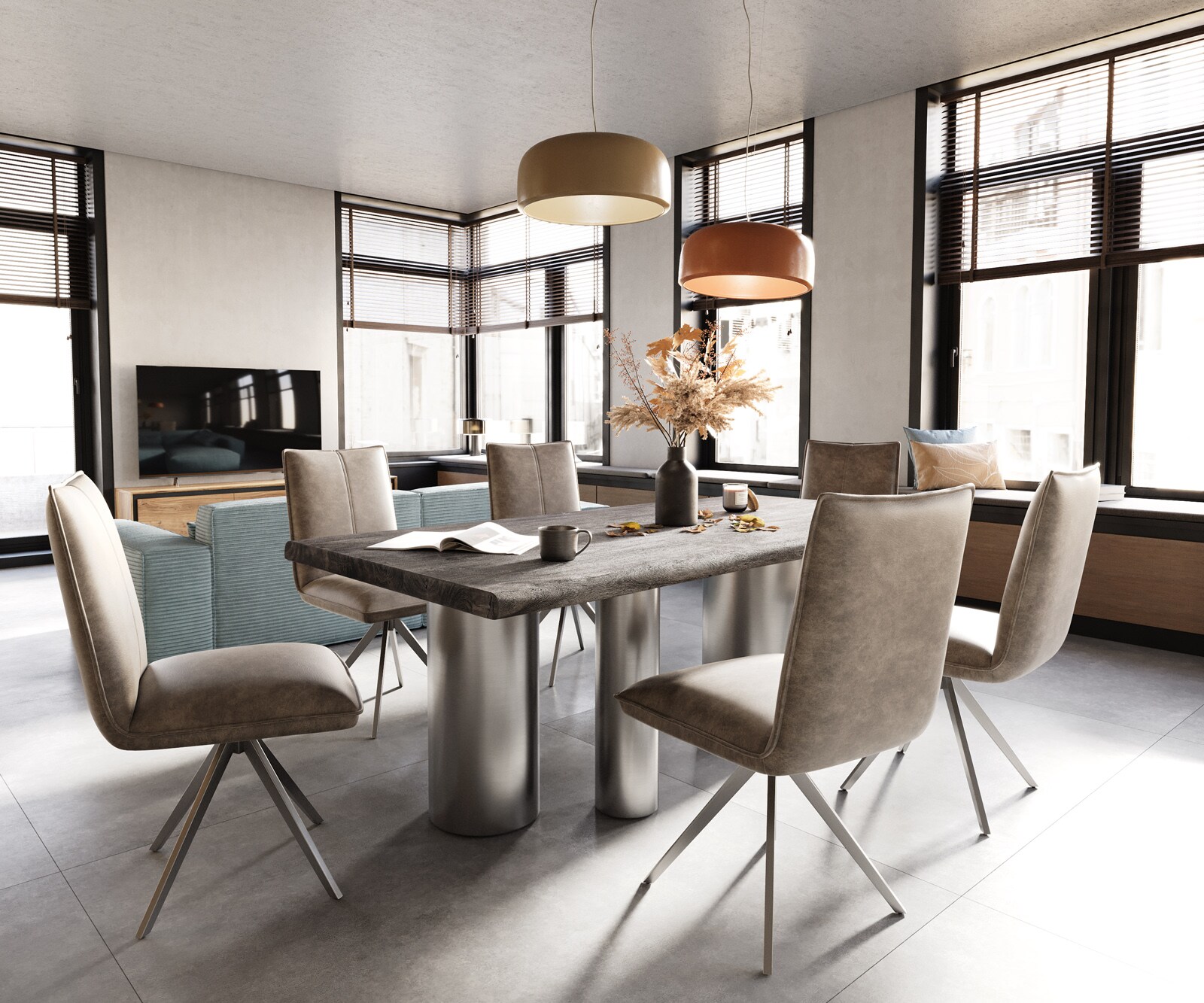 Table à manger Edge 200x100 XL acacia platine Troa acier inoxydable brossé Live-Edge 6