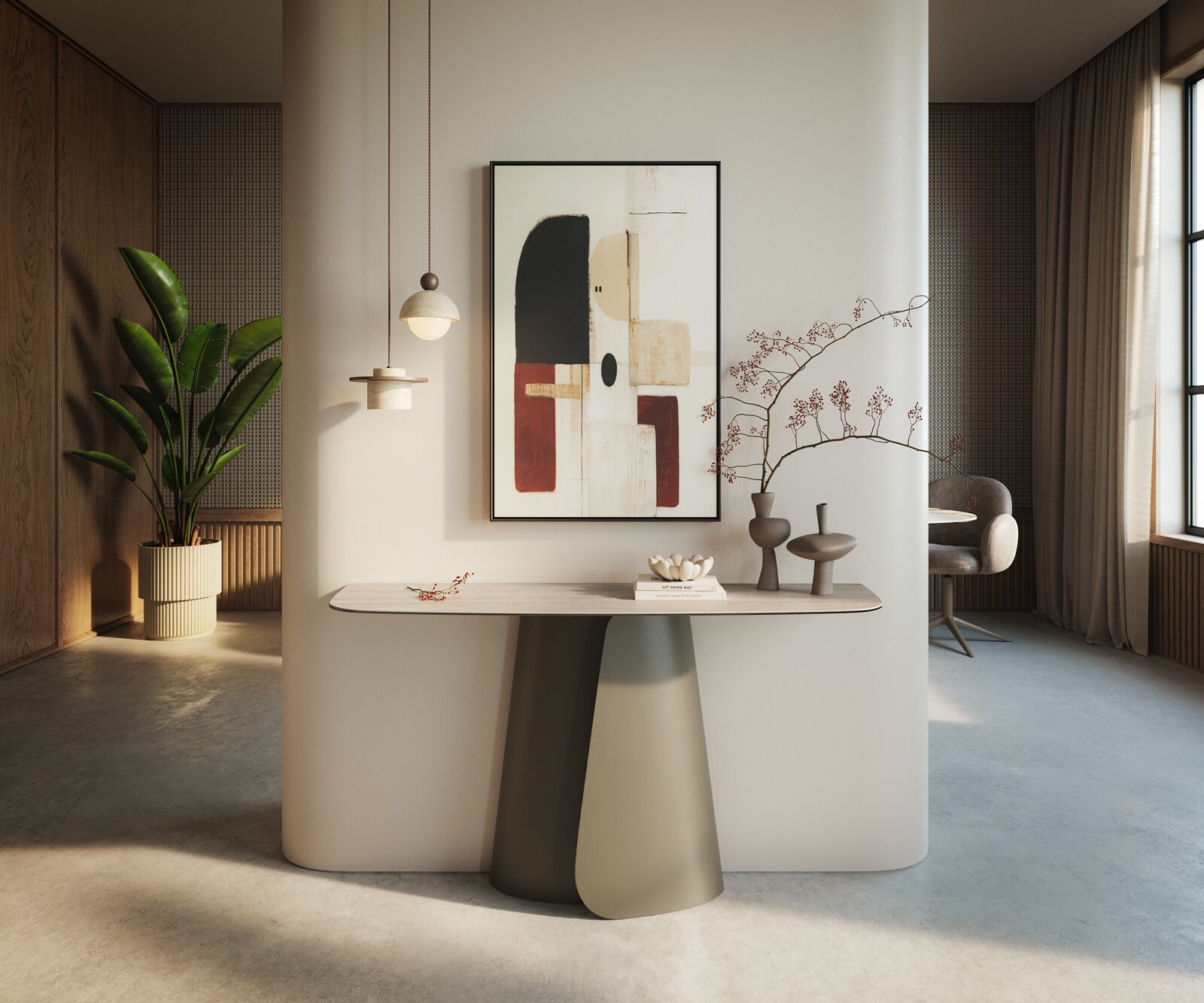 Console Edge forme bateau 140x40 cm Céramique Laminam® Travertino Bianco Creme-Weiß Livos Métal Effektfinish Titan 1