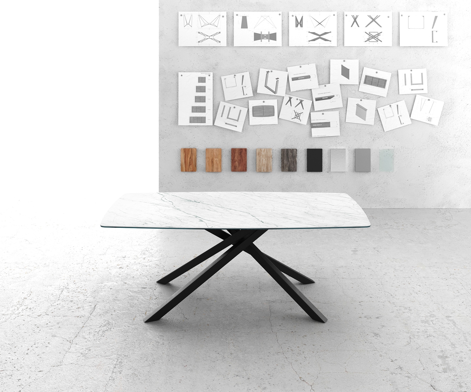 Table-à-manger Edge forme Boot 200x100cm Laminam® céramique blanc pieds milieu croisé noir 1 Table-à-manger Edge forme Boot 200x100cm Laminam® céramique blanc pieds milieu croisé noir 1