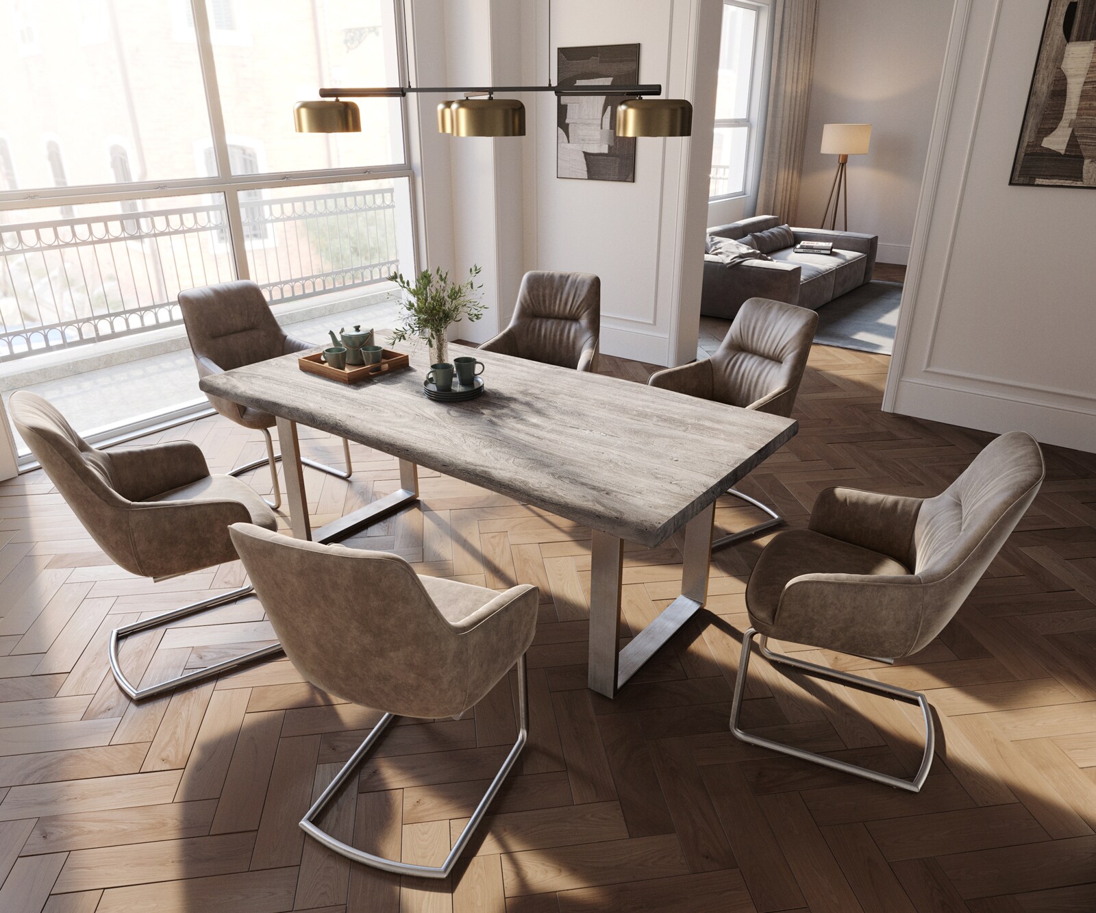 Cantilever Zelia-Flex avec accoudoirs microvelours taupe vintage pied cantilever rond acier inoxydable brossé ressorts ensachés 3
