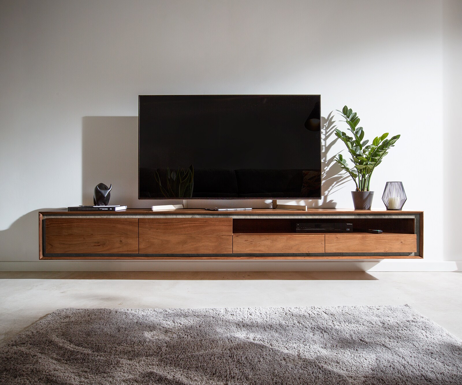 Meuble-TV Stonegrace 240 cm acacia marron placage pierre 2 portes 2 tiroirs 1 compartiment Suspendu 1
