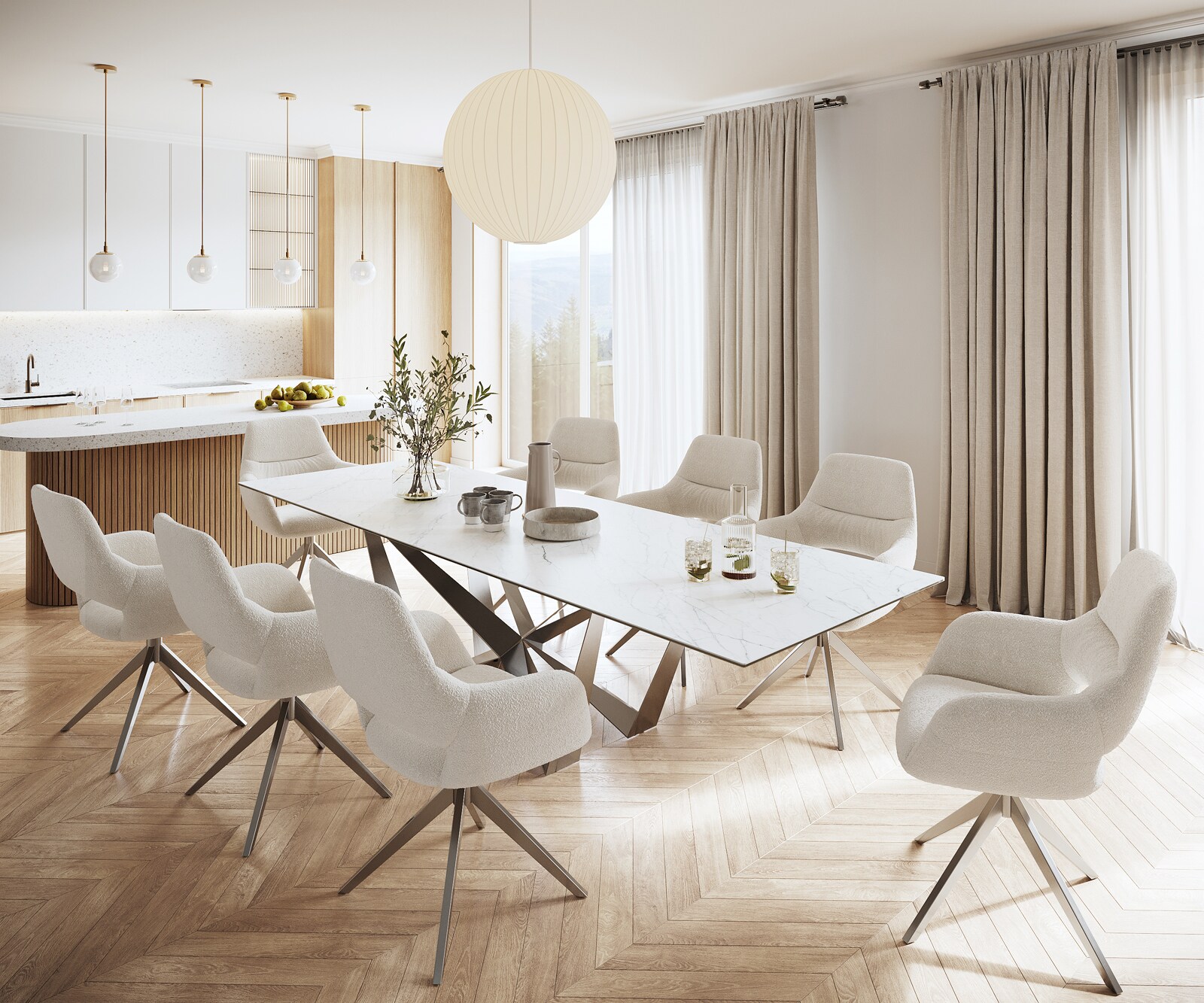 Table-à-manger Edge 300x100cm Laminam® céramique blanc pieds milieu acier plat argent 6