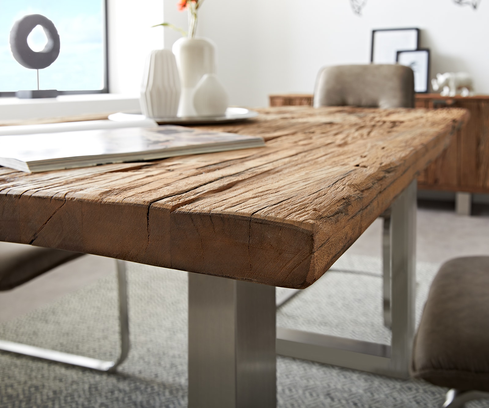 Table-à-mange eclaimed 140x90x75 cm aspect vintage acier inoxydable large 5