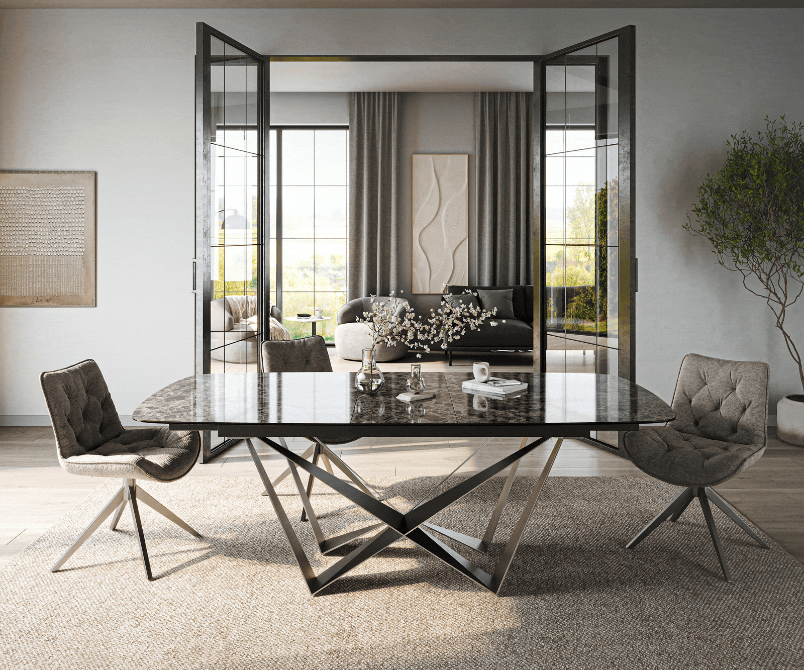 Table de salle à manger Edge Boot 180-220x100 cm Céramique Emperador Extra Lucidato Brun foncé Spider Acier plat Acier inoxydable Graphite extensible 2