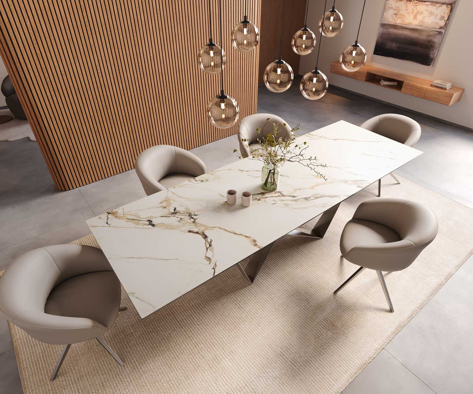 Table à manger Edge 300x100 céramique Calacatta Luxe blanc-doré-gris Spider acier plat acier inoxydable 5