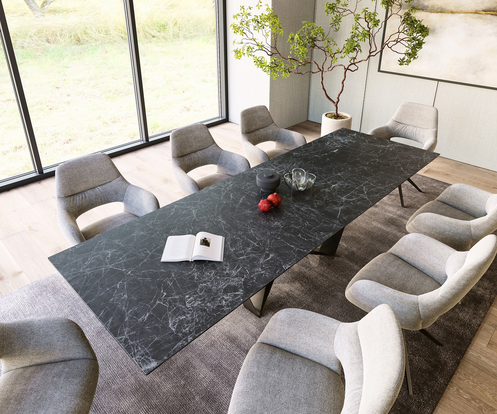 Table-à-manger Edge 300x100cm Laminam® céramique gris pieds milieu acier plat noir 3