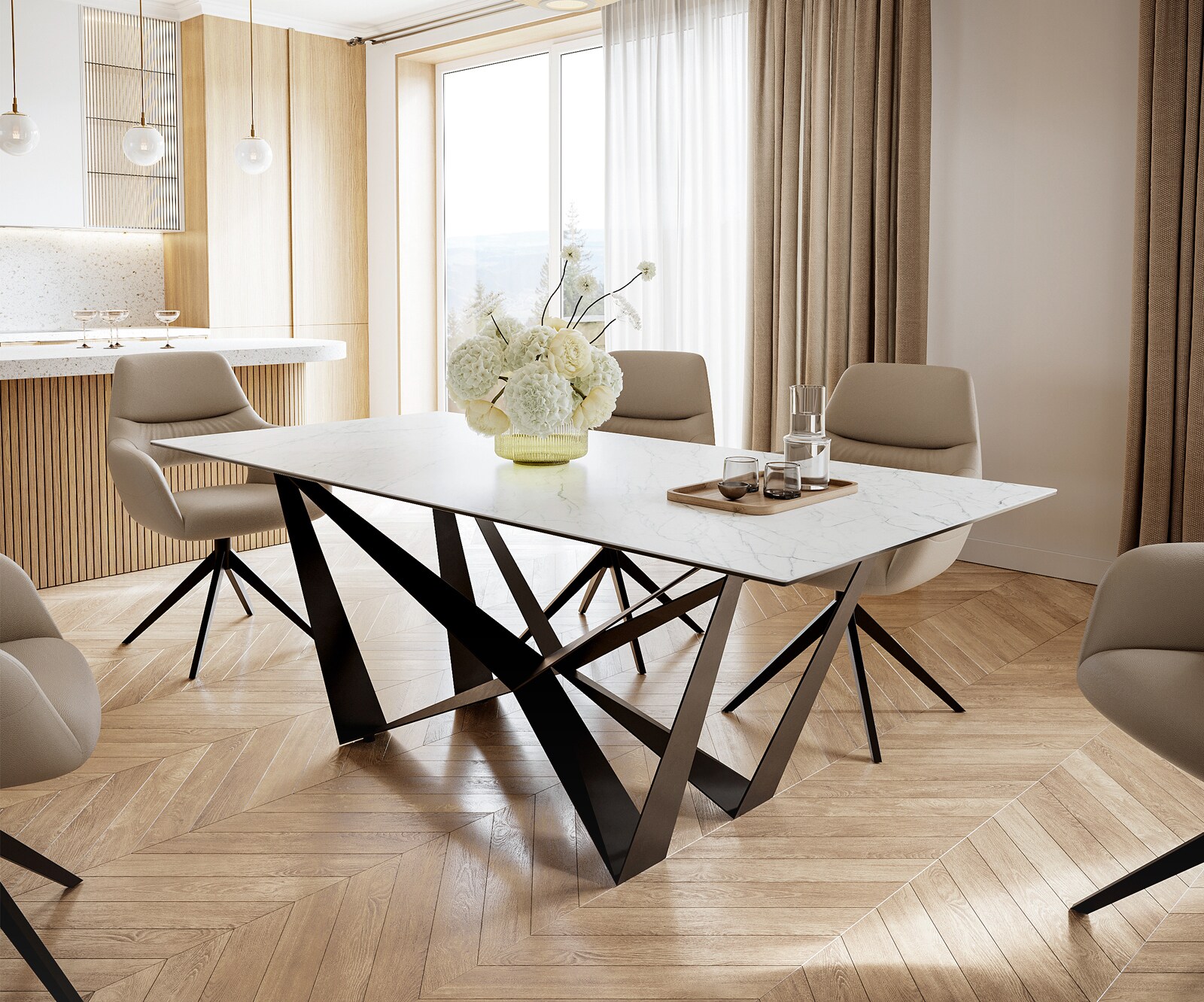 Table-à-manger Edge 200x100cm Laminam® céramique blanc pieds milieu acier plat noir