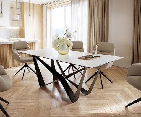 Table-à-manger Edge 200x100cm Laminam® céramique blanc pieds milieu acier plat noir