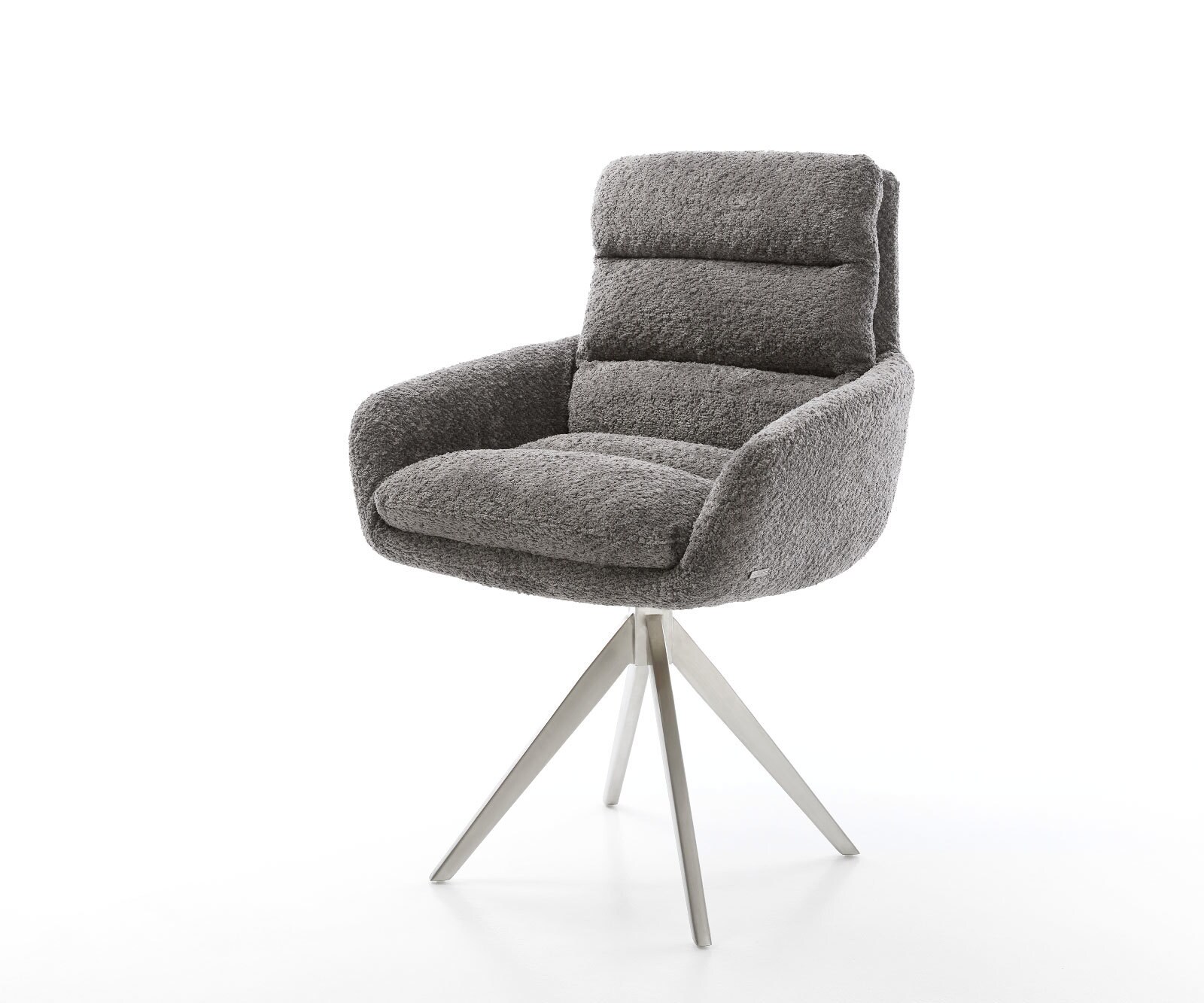 Chaise-de-salle-à-manger Abelia-Flex avec accoudoirs bouclé gris pied croisé angulaire acier inoxydable brossé