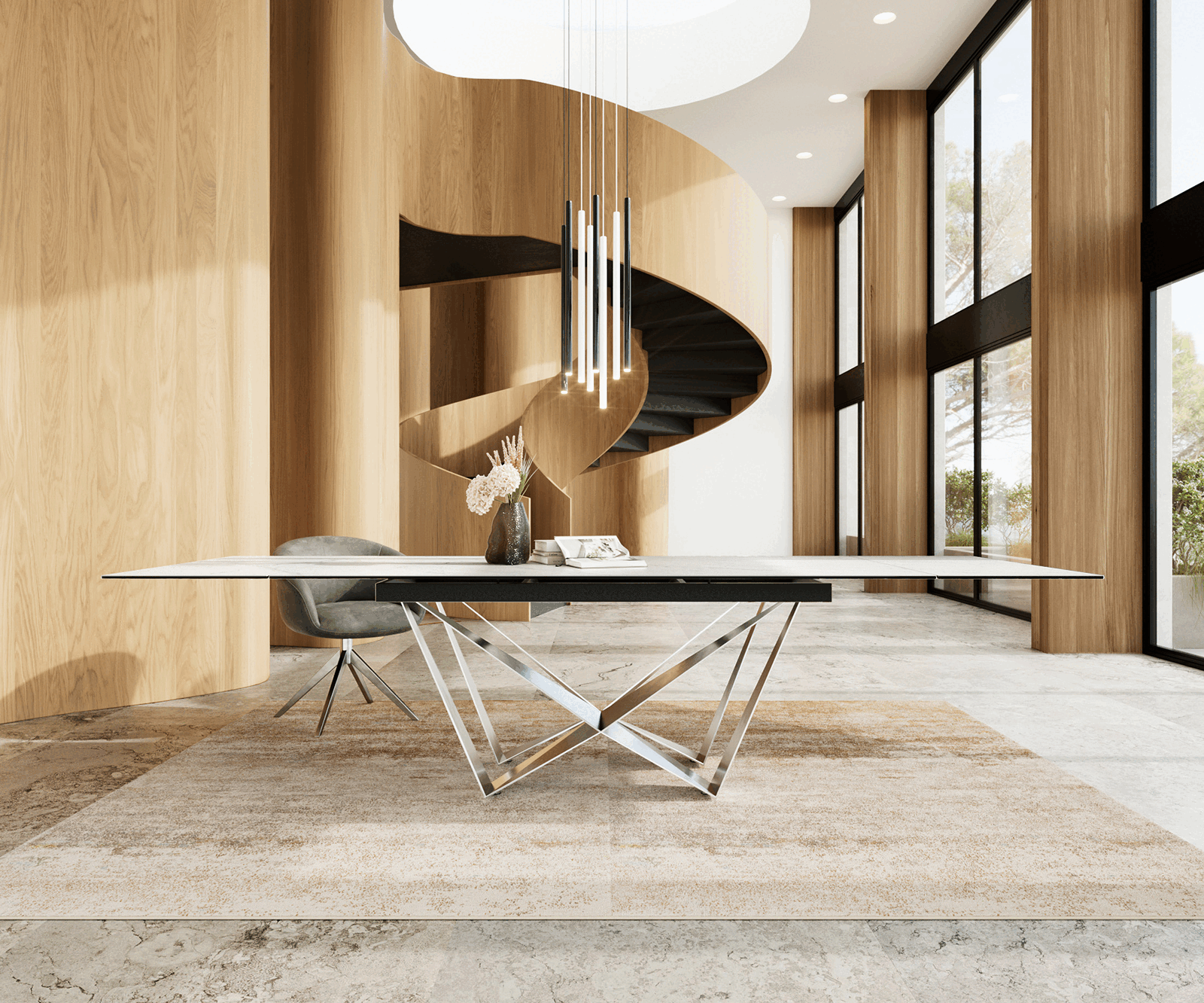 Table à manger Edge 200-300x100 céramique Laminam®Statuarietto blanc Spider acier plat acier inoxydable extensible 2