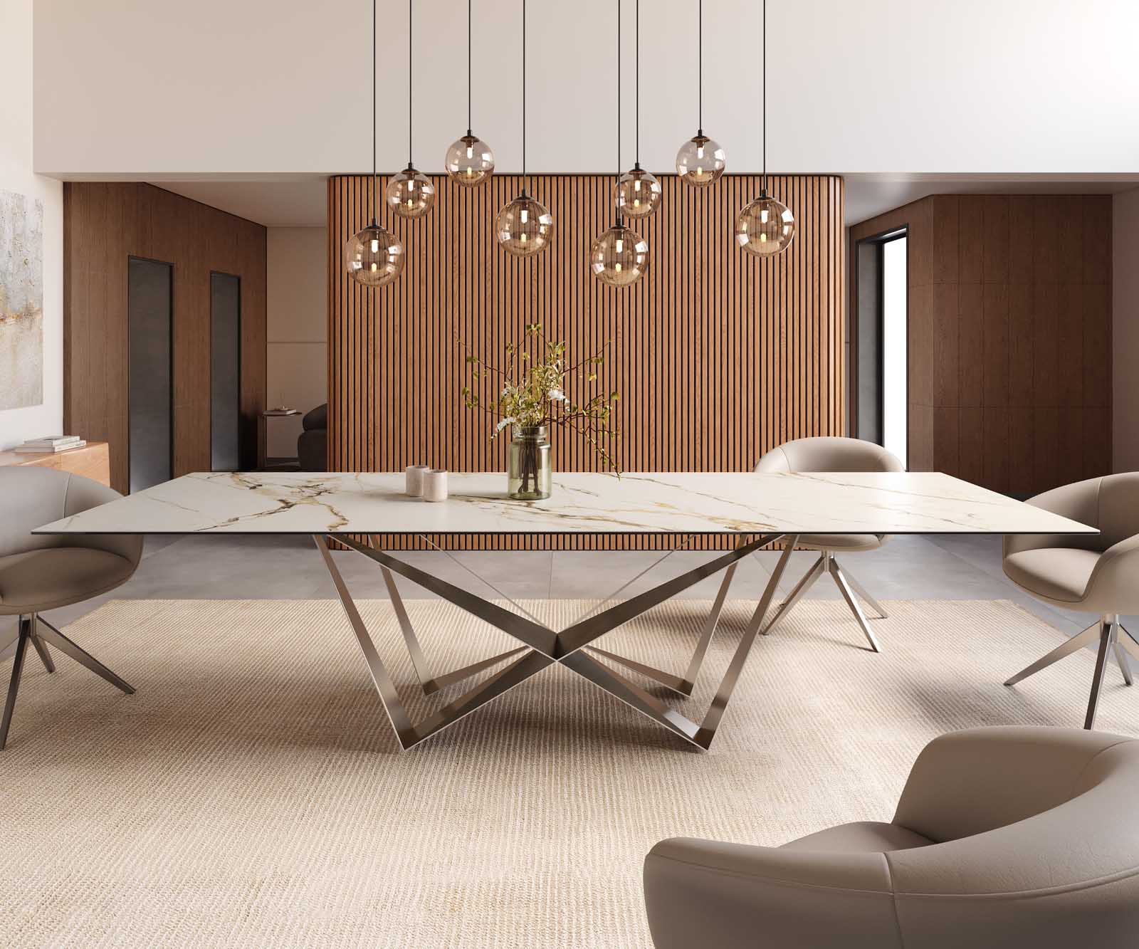 Table à manger Edge 300x100 céramique Calacatta Luxe blanc-doré-gris Spider acier plat acier inoxydable 1