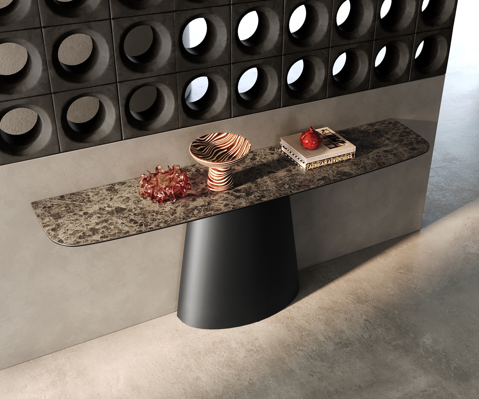 Console Edge forme bateau 180x40 cm Céramique Emperador Extra Lucidato Dunkelbraun Conos Métal Noir 2