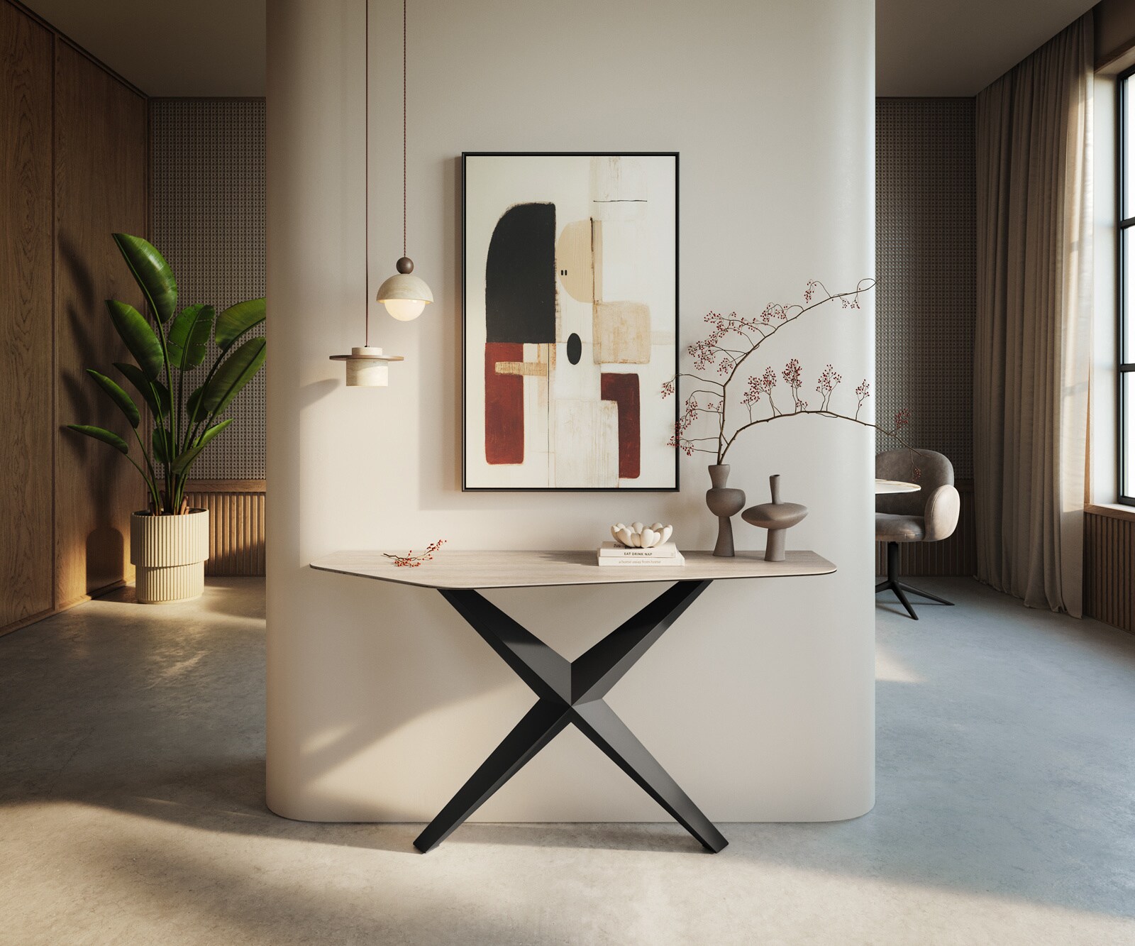 Console Edge Polygonal 140x50 cm Céramique Laminam® Travertino Bianco Creme-Weiß Zentharo Métal Noir 3