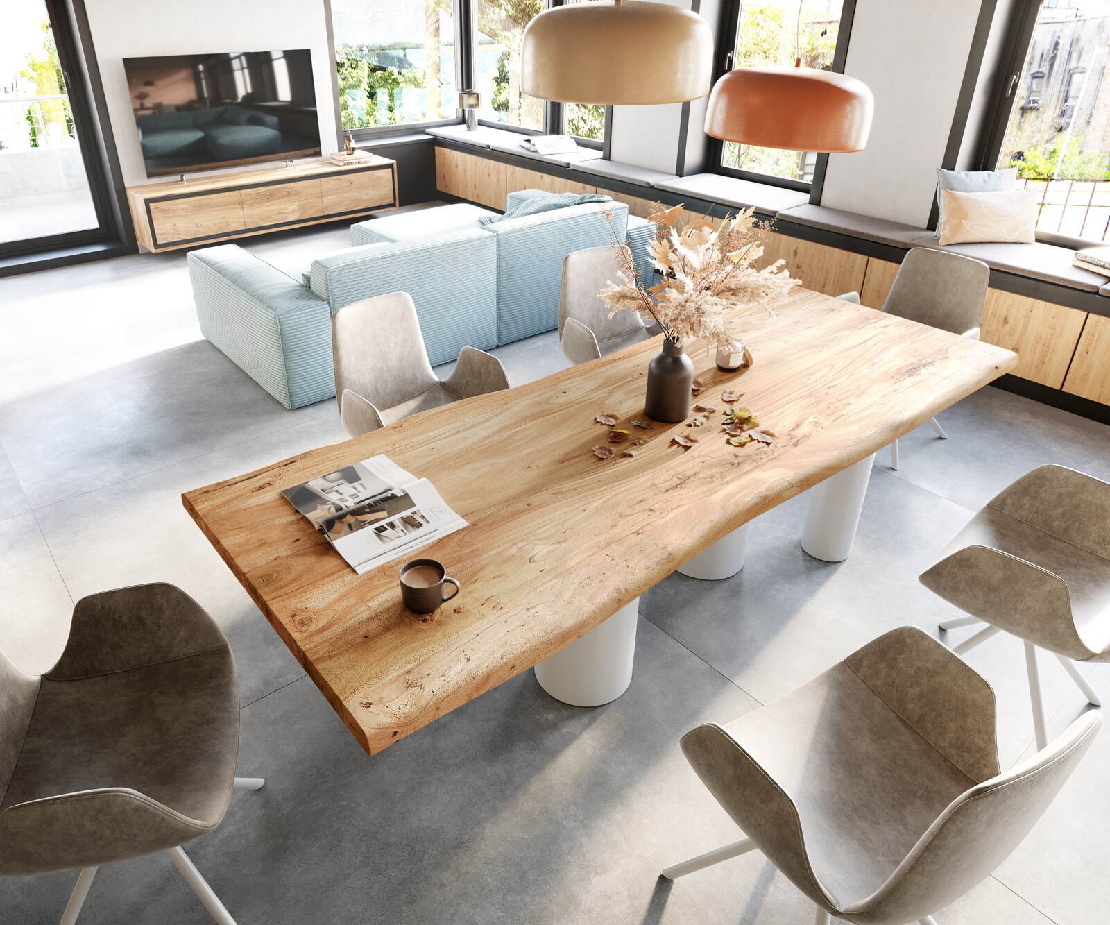 Table à manger Edge 280x100 XL Acacia Nature Pilier Métal Blanc Live-Edge 3