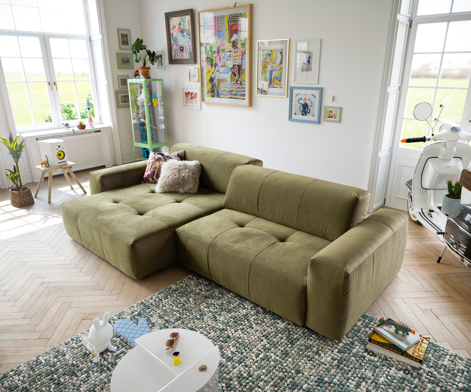 Canapé-d'angle Lazaro 300x160 cm velours olive ottomane à gauche avec réglage de la profondeur d'assise 4 Canapé-d'angle Lazaro 300x160 cm velours olive ottomane à gauche avec réglage de la profondeur d'assise 4