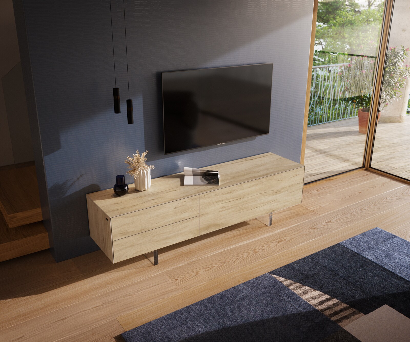 Meuble-TV Cuor 180 cm Céramique Laminam® Sabbia Teinte chêne 1 Clapet 2 Tiroirs Pied optique flottant Verre acrylique 4