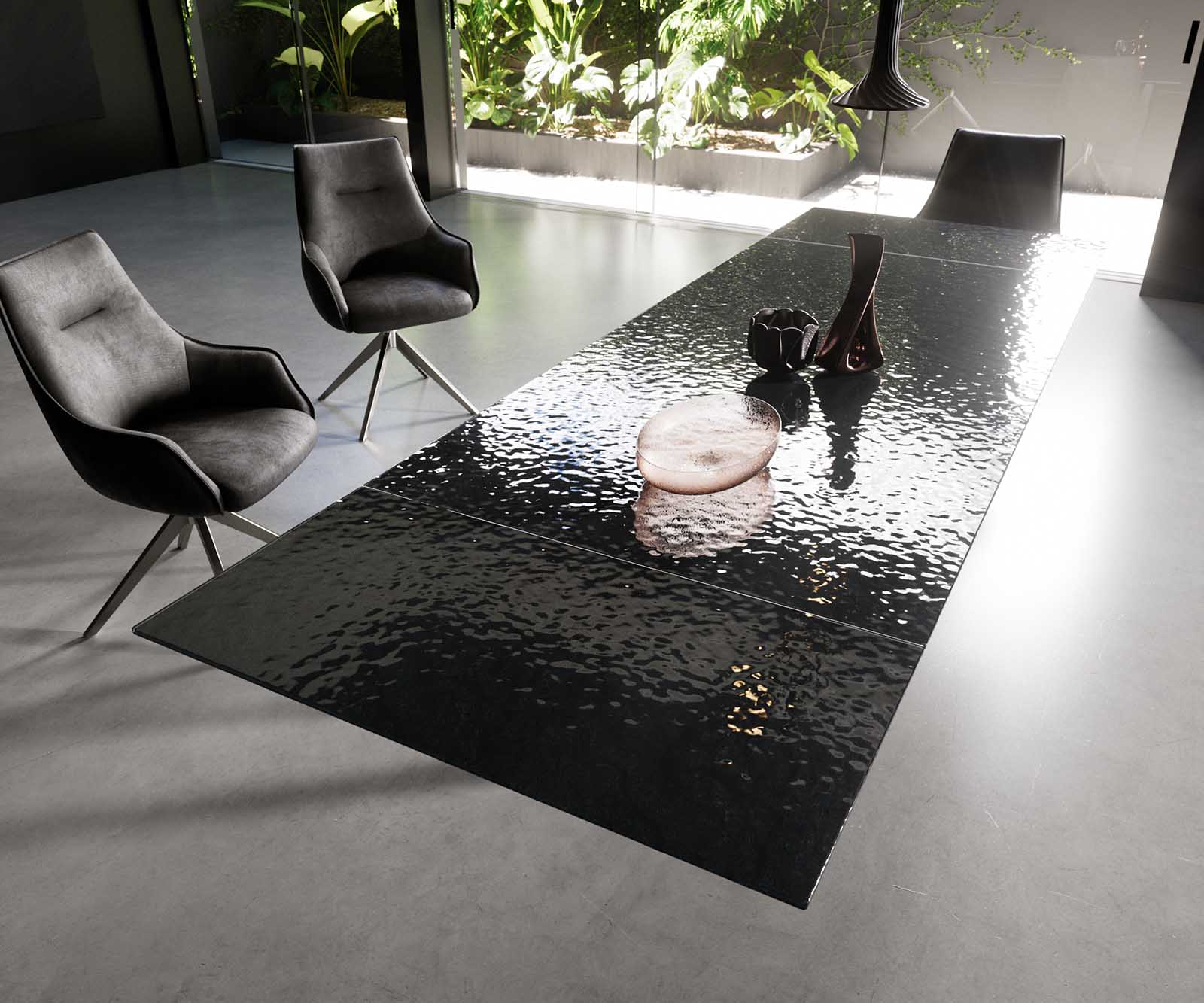 Table à manger Edge 200-300x100 verre fondu noir fumé relief en 3D cadre croisé rectangulaire noir extensible 5 Table à manger Edge 200-300x100 verre fondu noir fumé relief en 3D cadre croisé rectangulaire noir extensible 5