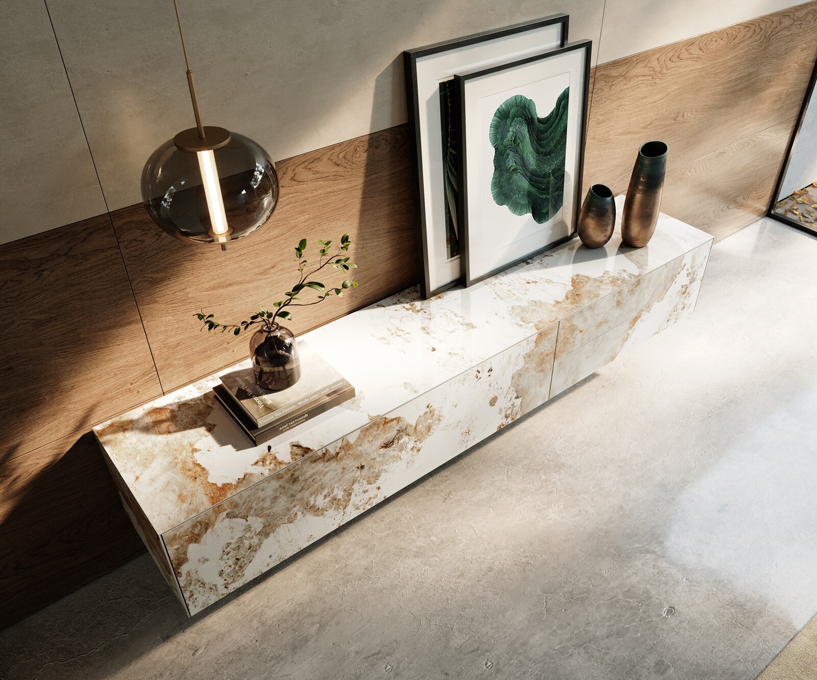 Meuble-TV Cuor 220 cm Céramique Minas Melange Blanc-beige 1 Clapet 2 Tiroirs Flottant 4