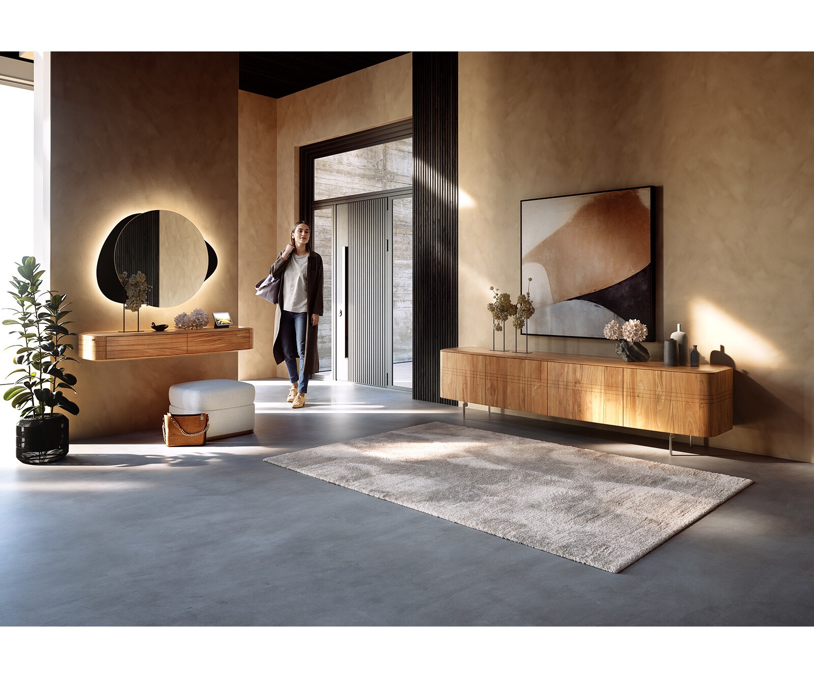 Buffet Nagaru 200 cm en acacia Aura 4 portes, pied en L en acier inoxydable brossé 6