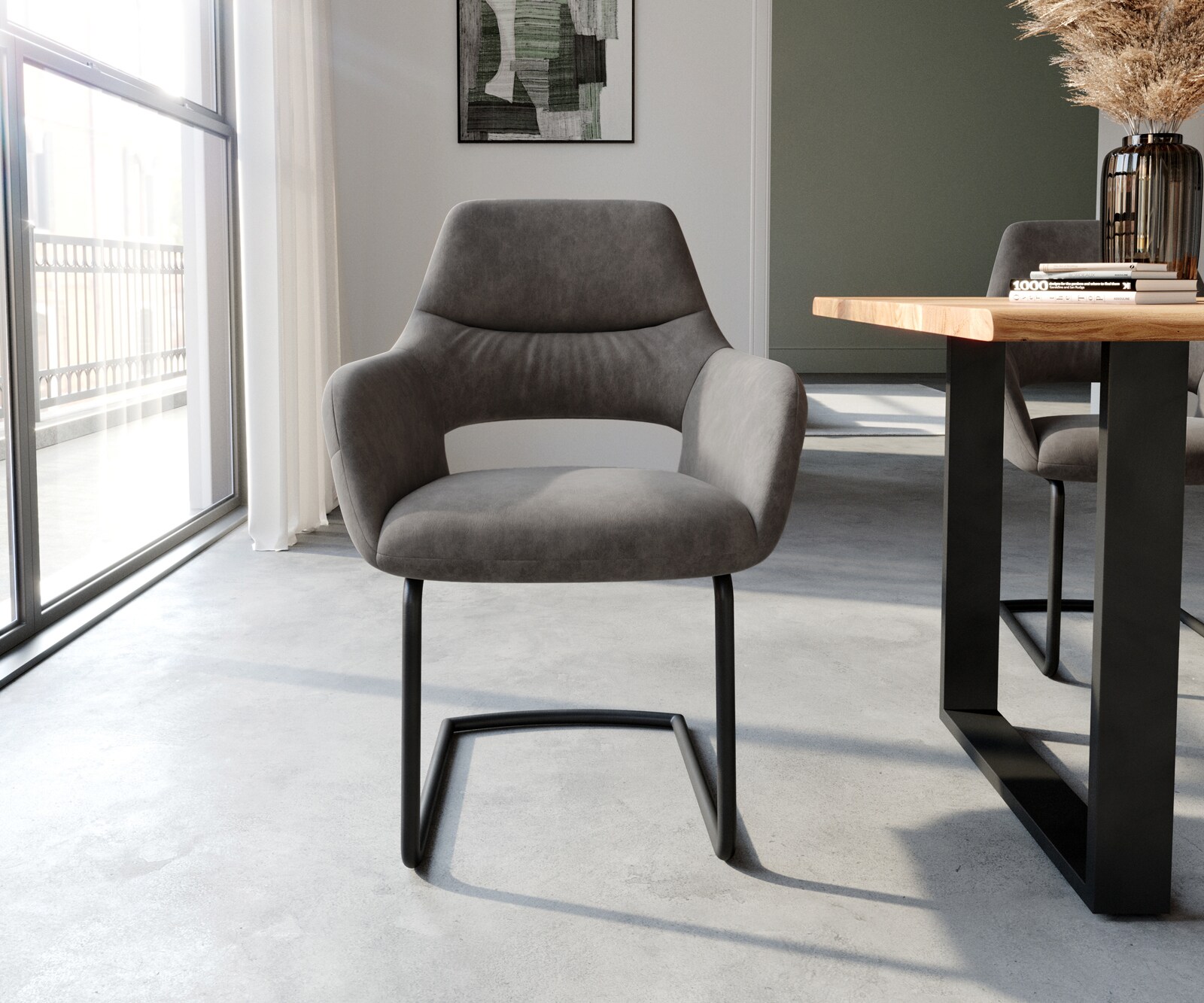 Cantilever Yago-Flex avec accoudoirs microvelours anthracite vintage pied cantilever rond noir ressorts ensachés 2