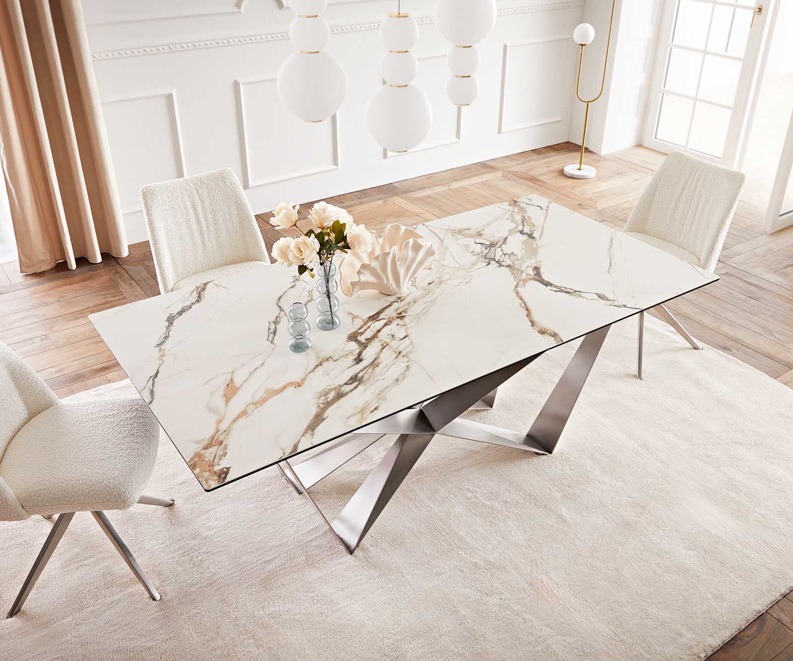 Table à manger Edge 200x100 céramique Calacatta Luxe blanc-doré-gris Spider acier plat acier inoxydable 5