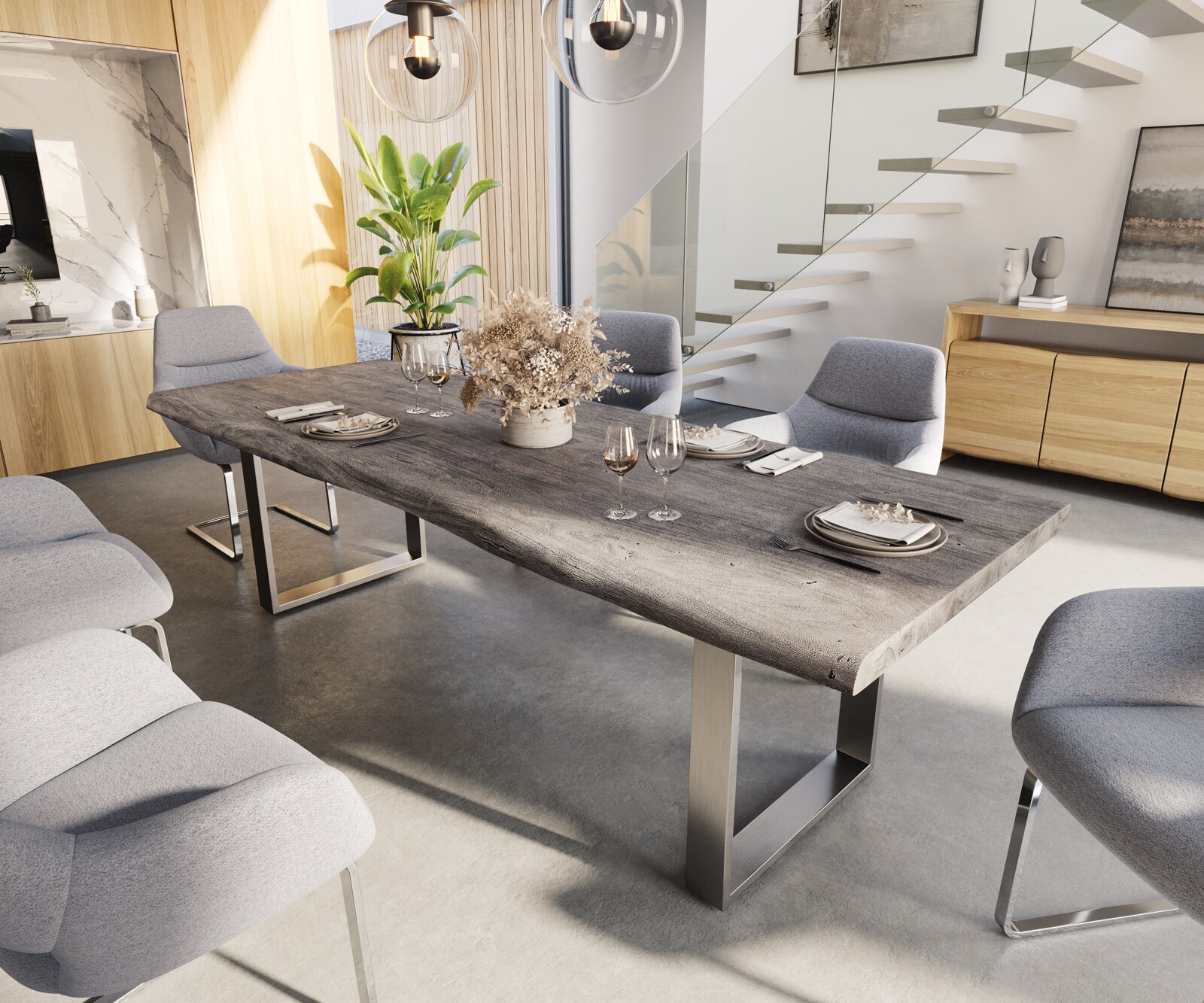 Table-à-manger Edge 260x100 XL acacia platine acier inoxydable mince Live-Edge 1