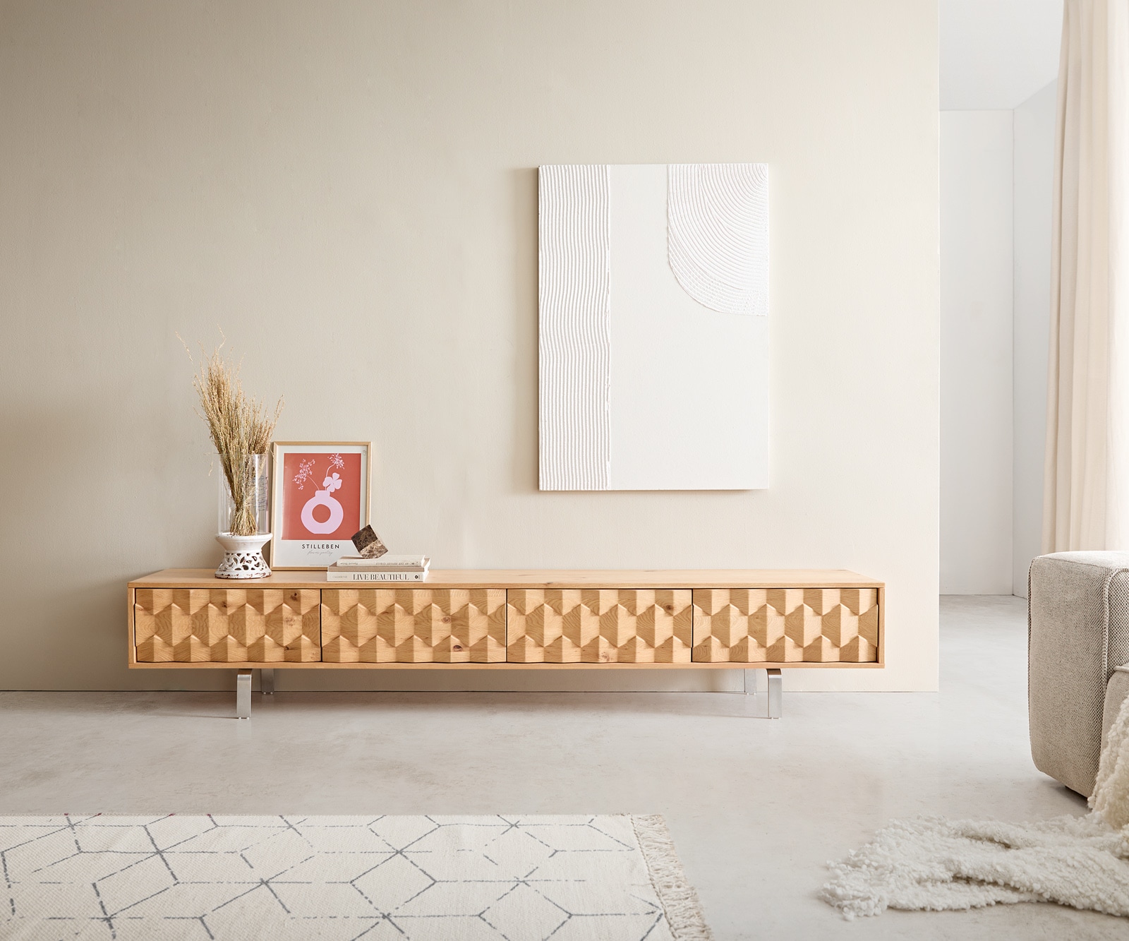 Meuble-TV Fevo 220 cm chêne naturel 4 portes pied en L inoxydable 1 Meuble-TV Fevo 220 cm chêne naturel 4 portes pied en L inoxydable 1