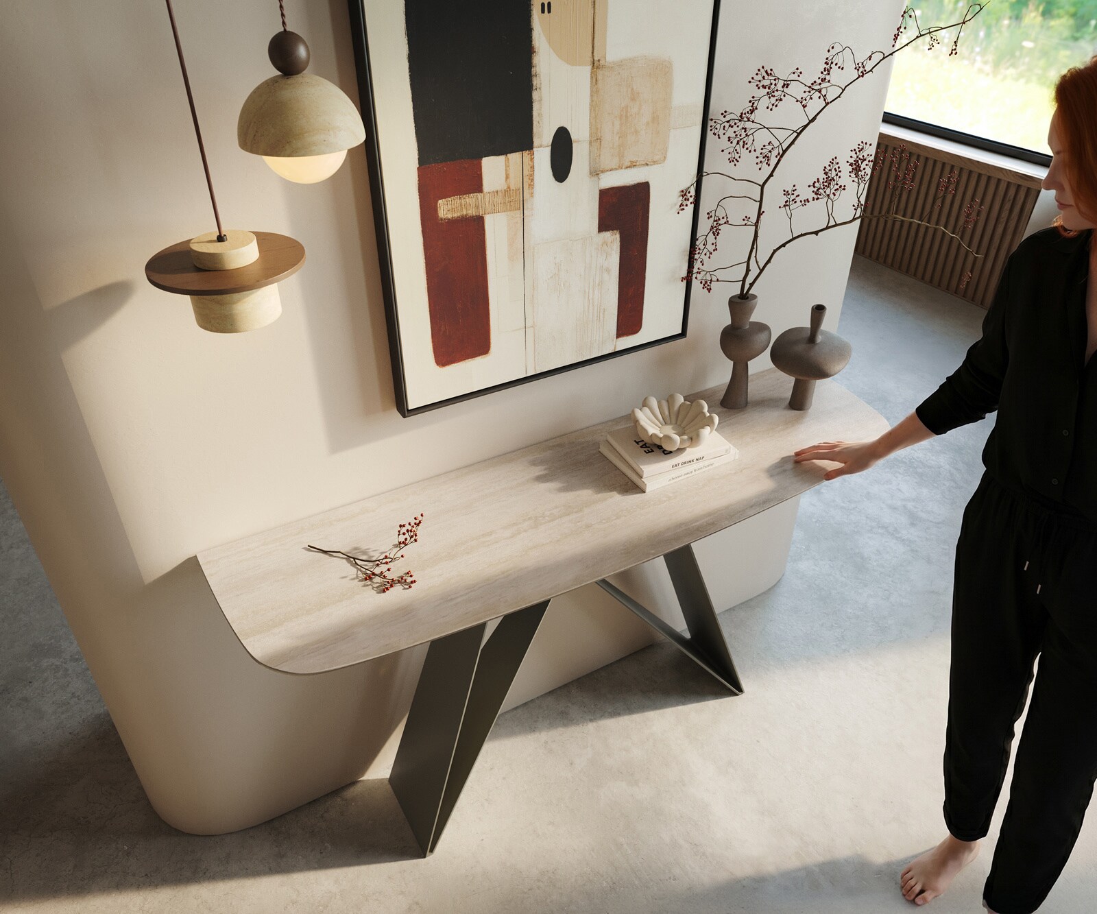 Console Edge forme bateau 140x40 cm Céramique Laminam® Travertino Bianco Creme-Weiß Velio Métal Effektfinish Titan 2