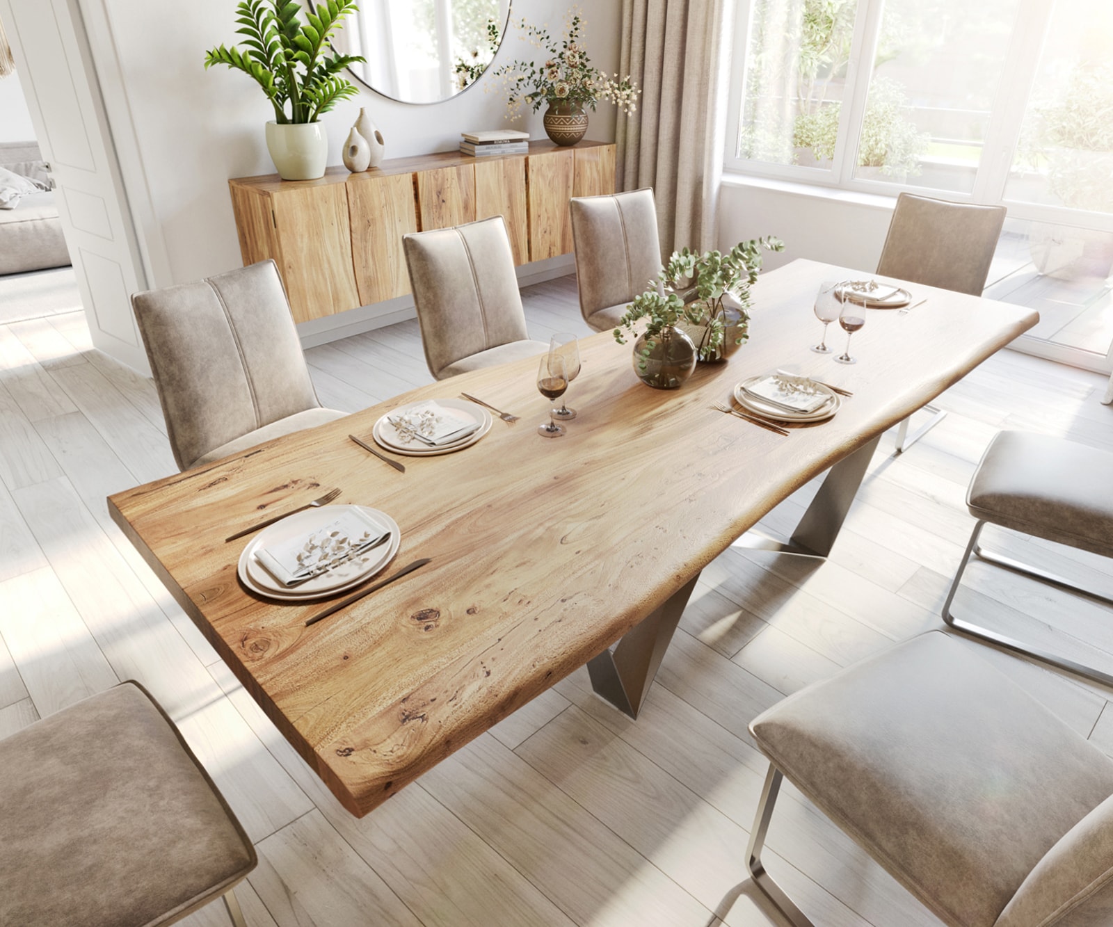 Table à manger Edge 280x100 XL acacia nature Spider acier plat acier inoxydable Live-Edge 3 Table à manger Edge 280x100 XL acacia nature Spider acier plat acier inoxydable Live-Edge 3