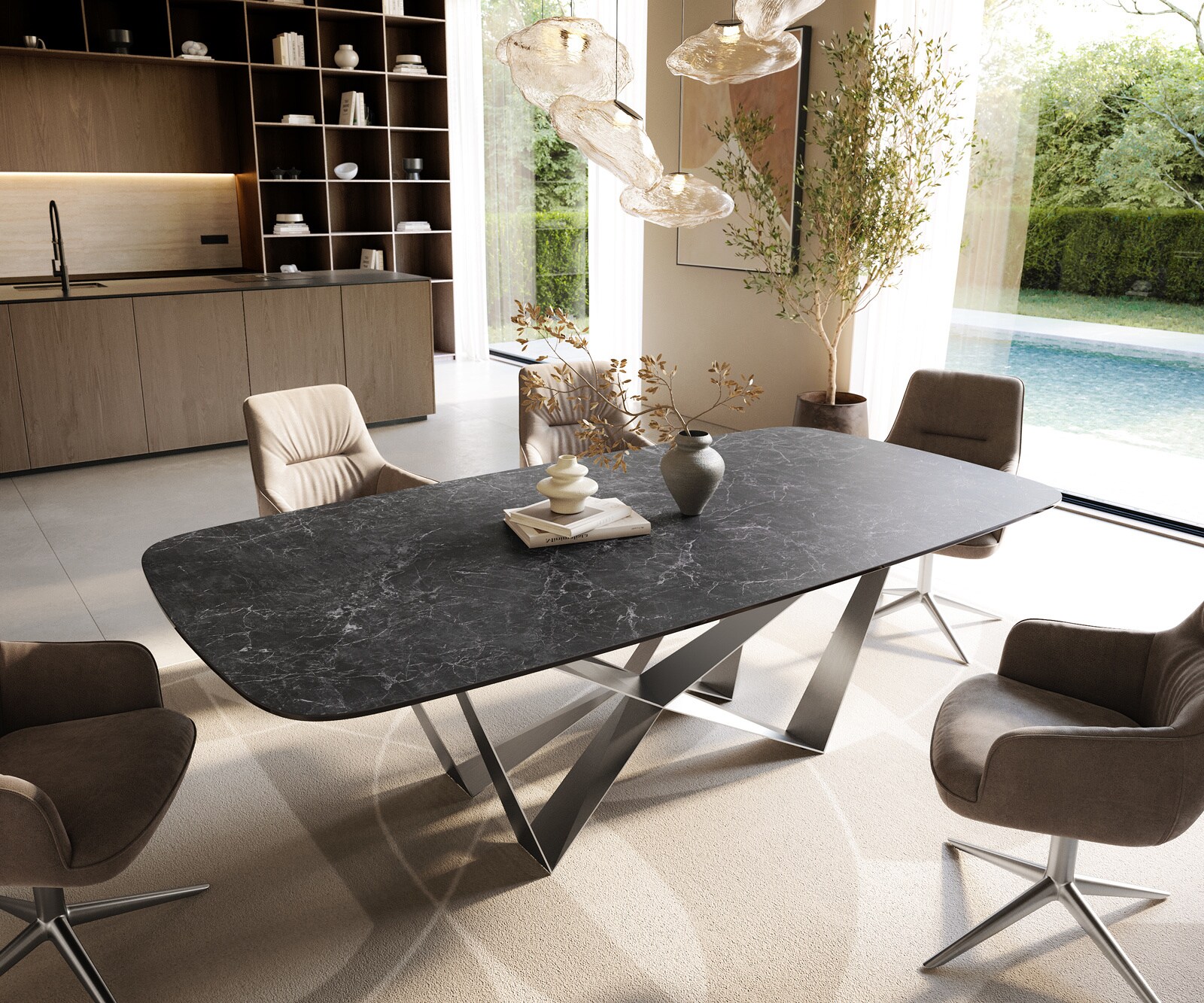 Table à manger Edge Boot 240x120 cm Céramique Laminam® Nero Greco Anthracite Spider Flachstahl Acier inoxydable