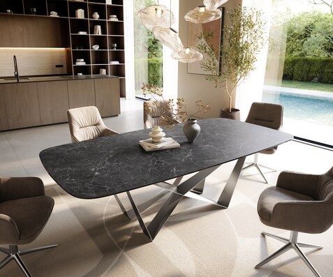 Table à manger Edge Boot 240x120 cm Céramique Laminam® Nero Greco Anthracite Spider Flachstahl Acier inoxydable