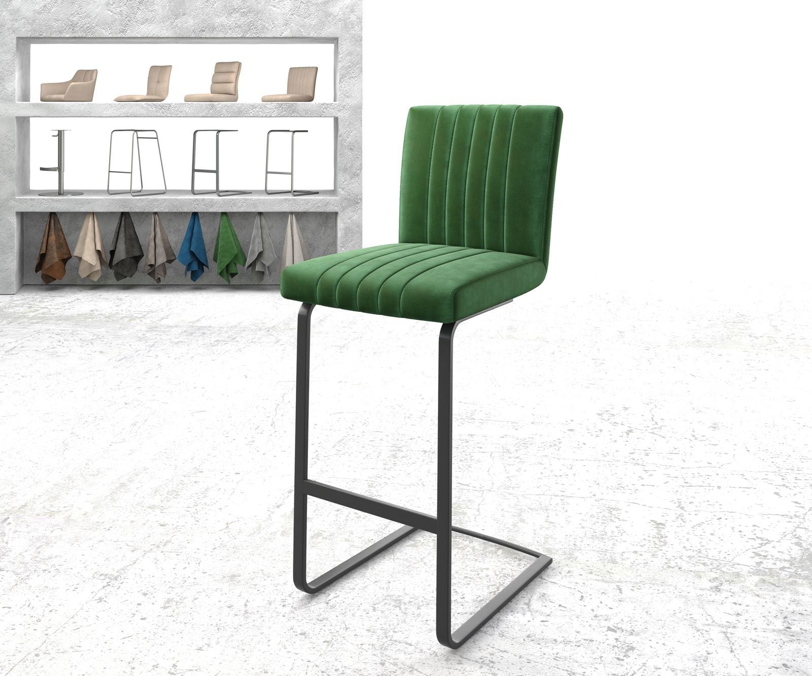Chaise-de-bar Luiga-Flex velours vert chaise cantilever métal plat Chaise-de-bar Luiga-Flex velours vert chaise cantilever métal plat