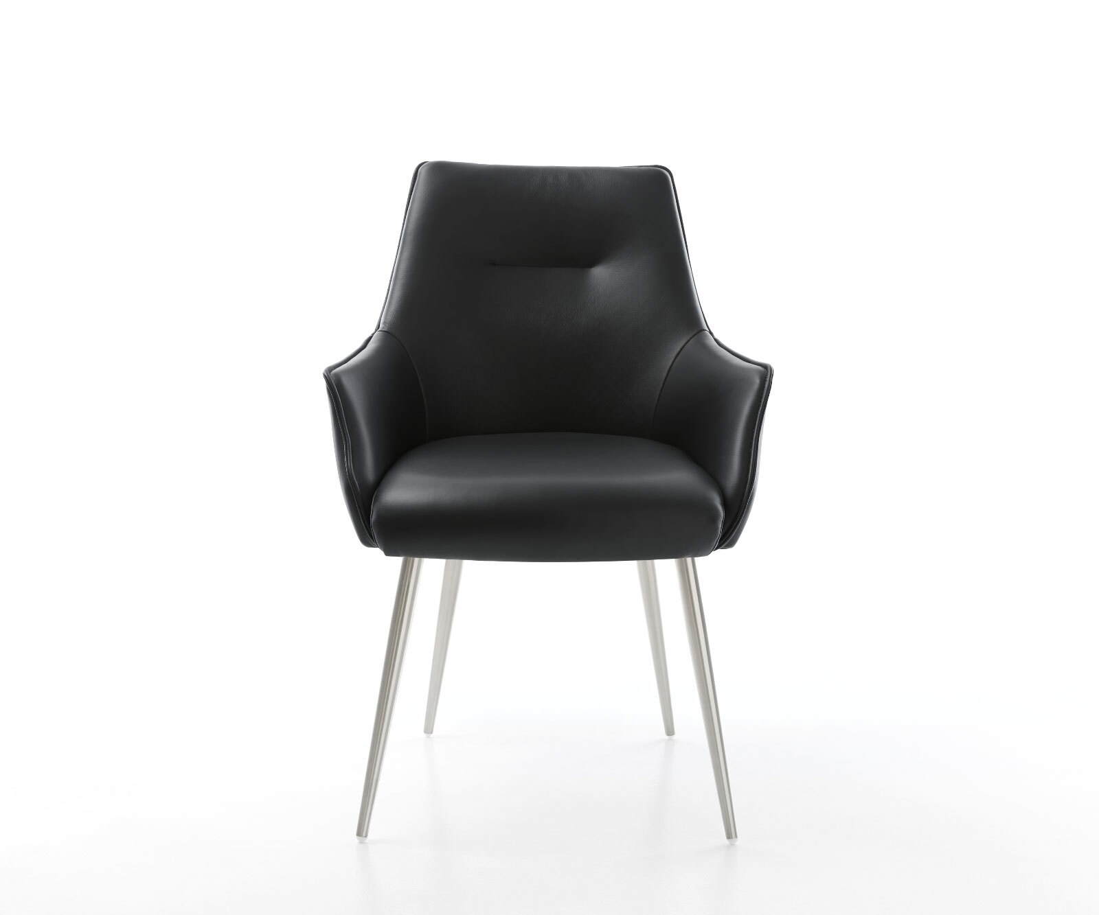 Chaise-de-salle-à-manger Alja-Flex avec accoudoirs cuir de vache noir 4 pieds coniques acier inoxydable brossé ressorts ensachés 2