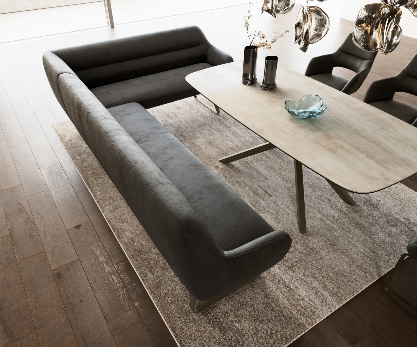 Banc-de-salle-à-manger Taya-Flex 285x190 cm microfibre antracite vintage châssis à patins plat titane ressort ensaché liens 4