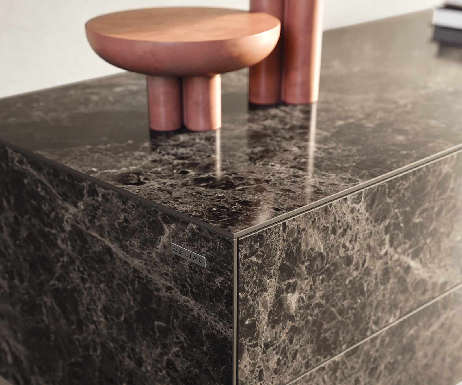 Meuble-TV Cuor 180 cm Céramique Laminam® Emperador Extra Lucidato brun foncé 1 Clapet 2 Tiroirs Flottant 6
