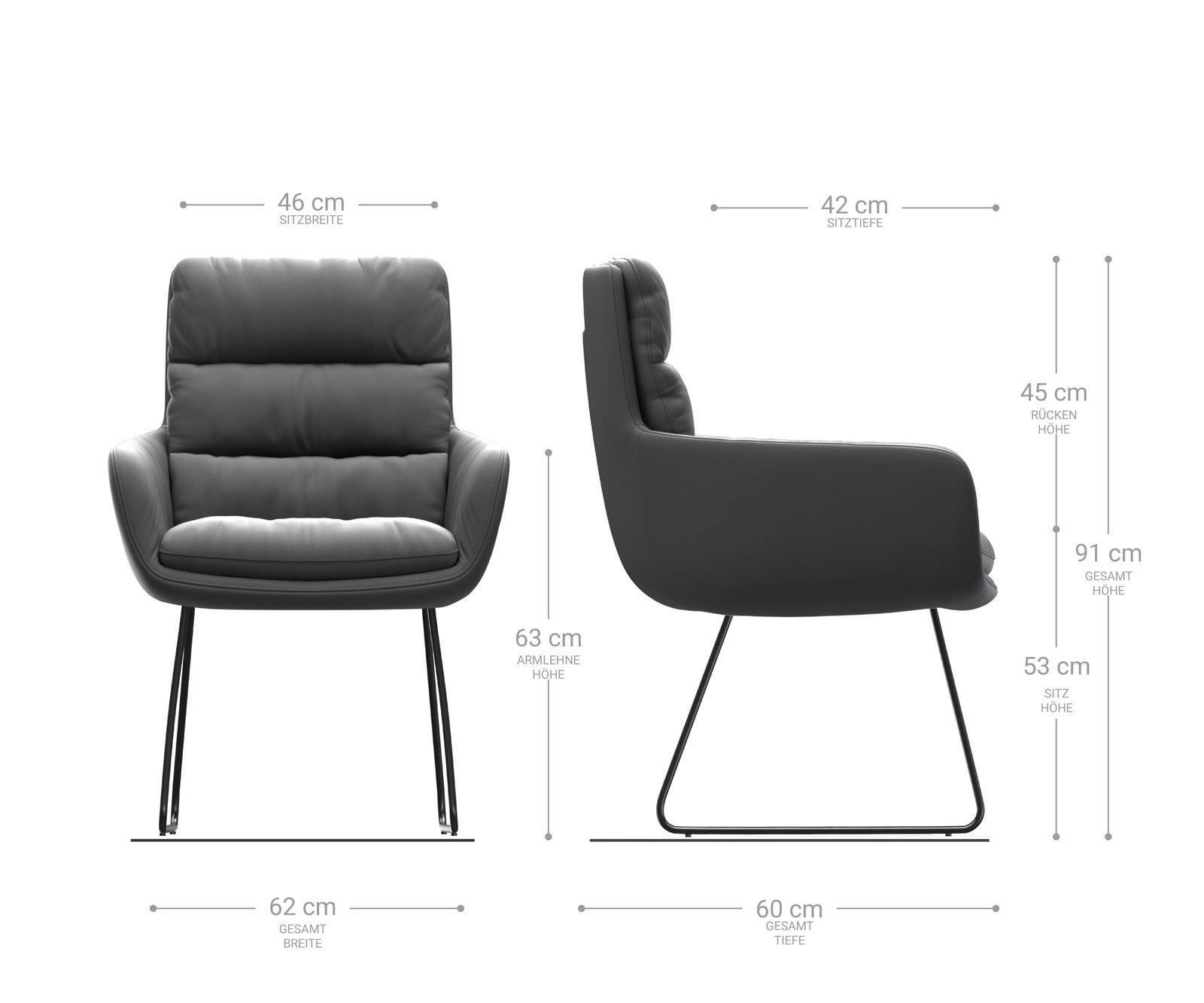 Chaise-de-salle-à-manger Abelia-Flex avec accoudoirs cuir de vache noir pied trapèze noir 6