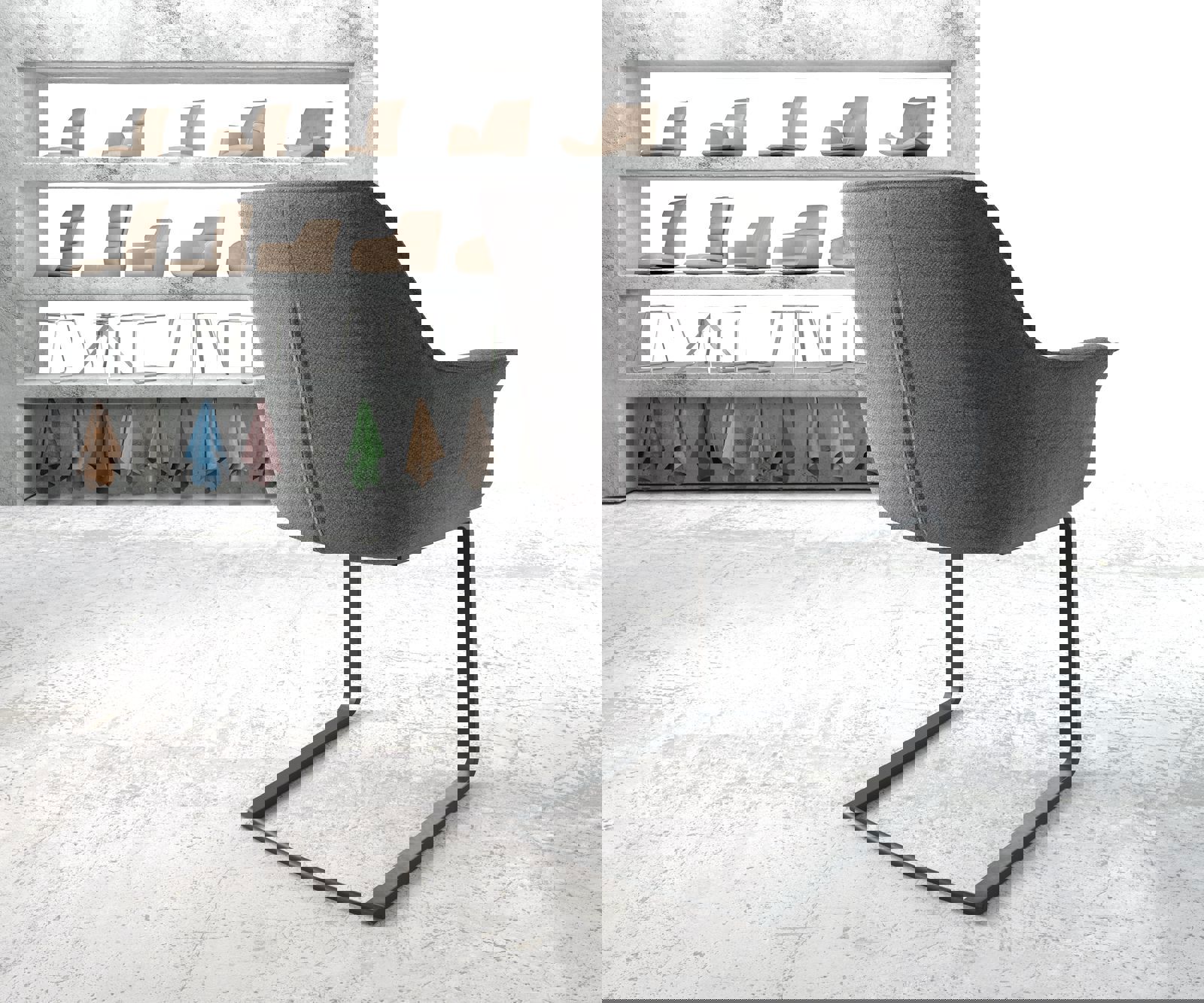 Cantilever Keila-Flex avec accoudoirs tissu texturé gris clair pied cantilever plat noir 3 Cantilever Keila-Flex avec accoudoirs tissu texturé gris clair pied cantilever plat noir 3