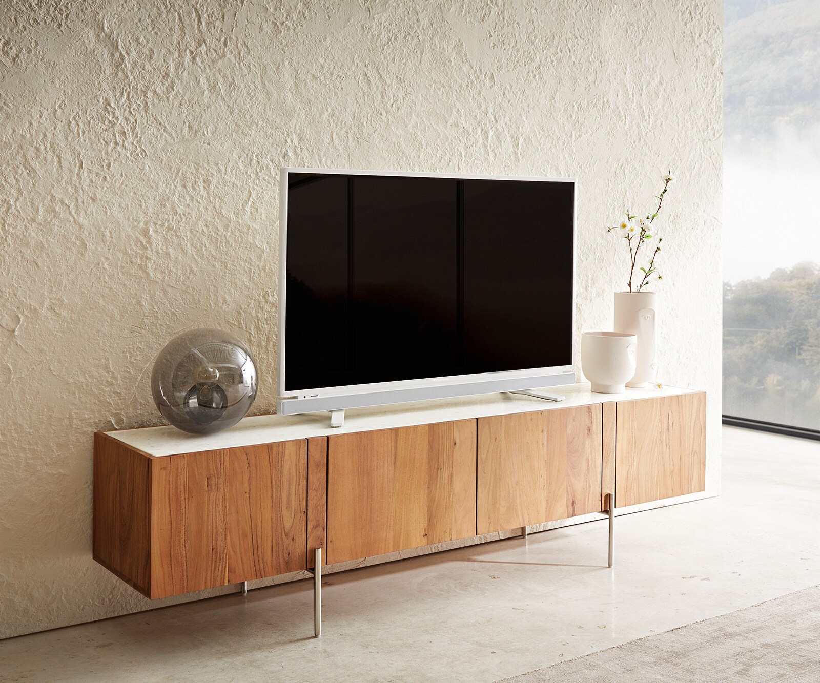 Buffet-bas Secara acacia plaque de marbre blanc 3