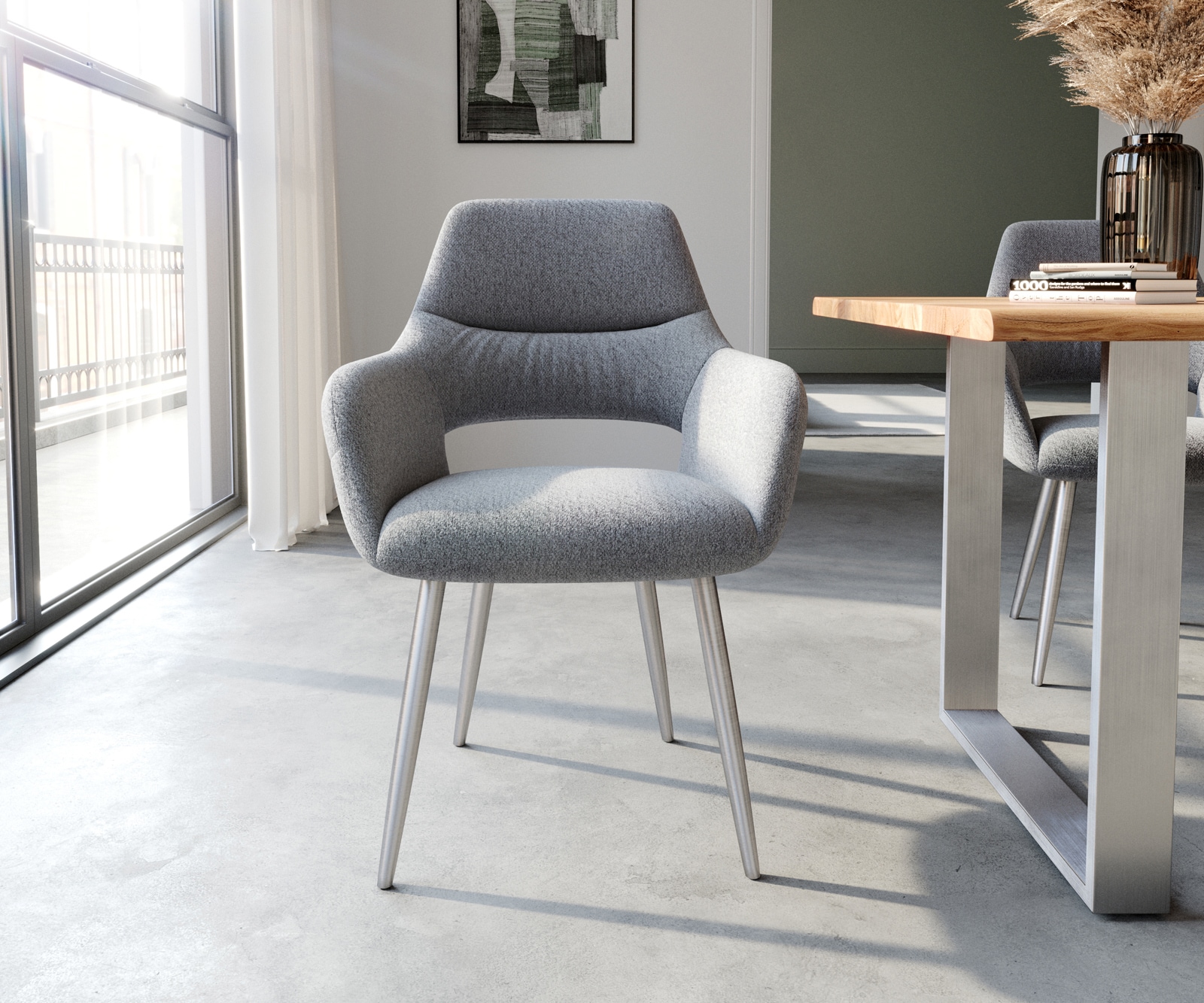 Chaise-de-salle-à-manger Yago-Flex avec accoudoirs tissu texturé gris clair 4 pieds coniques acier inoxydable brossé ressorts ensachés 1 Chaise-de-salle-à-manger Yago-Flex avec accoudoirs tissu texturé gris clair 4 pieds coniques acier inoxydable brossé ressorts ensachés 1