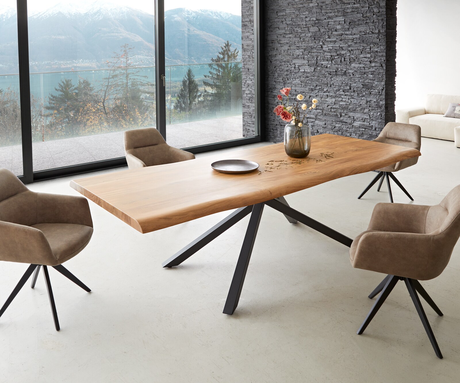 Table à manger Edge 260x100 XL acacia nature cadre croisé rectangle noir Live-Edge 7