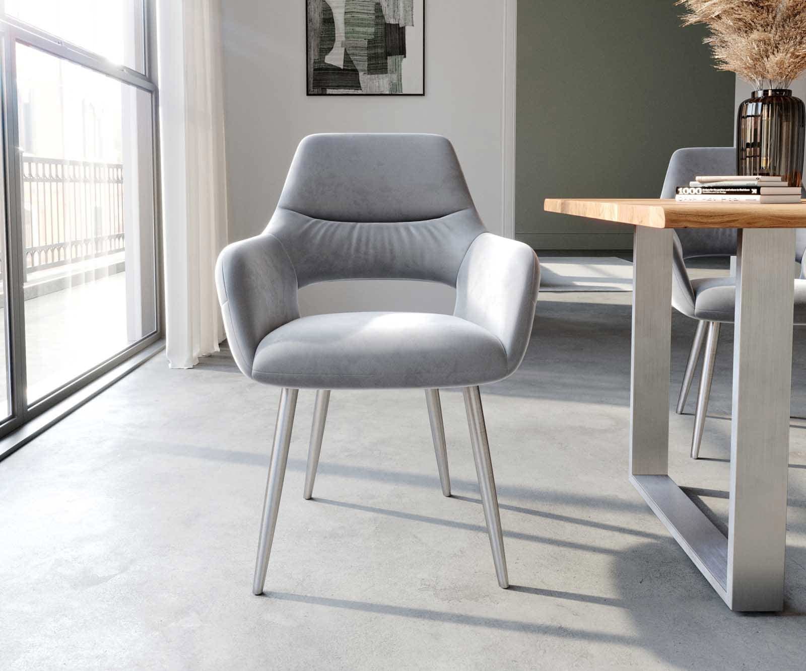 Chaise-de-salle-à-manger Yago-Flex avec accoudoirs velours gris 4 pieds coniques acier inoxydable brossé ressorts ensachés 1 Chaise-de-salle-à-manger Yago-Flex avec accoudoirs velours gris 4 pieds coniques acier inoxydable brossé ressorts ensachés 1