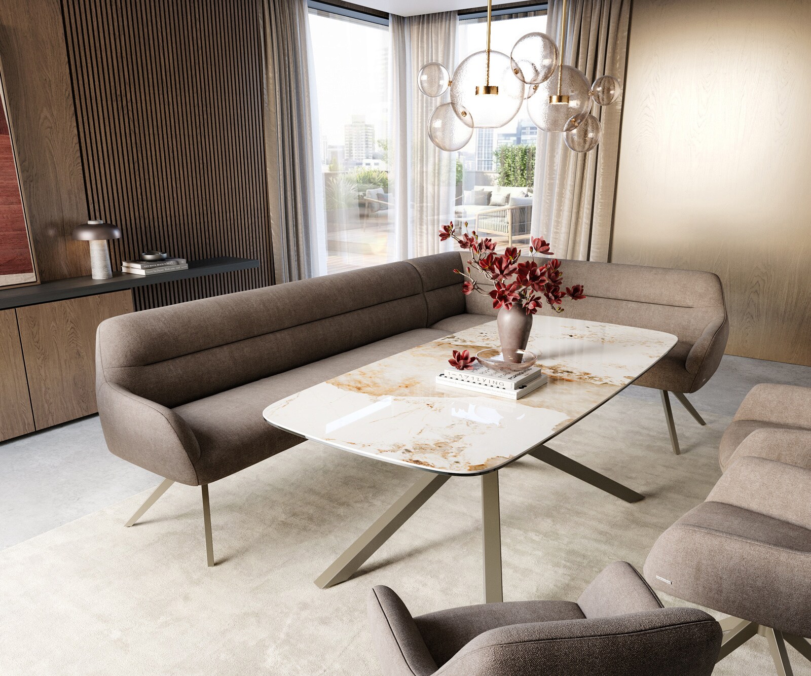 Banc-de-salle-à-manger Taya-Flex 285x190 cm tissu structuré doux taupe pied croisé angulaire titane ressort ensaché liens