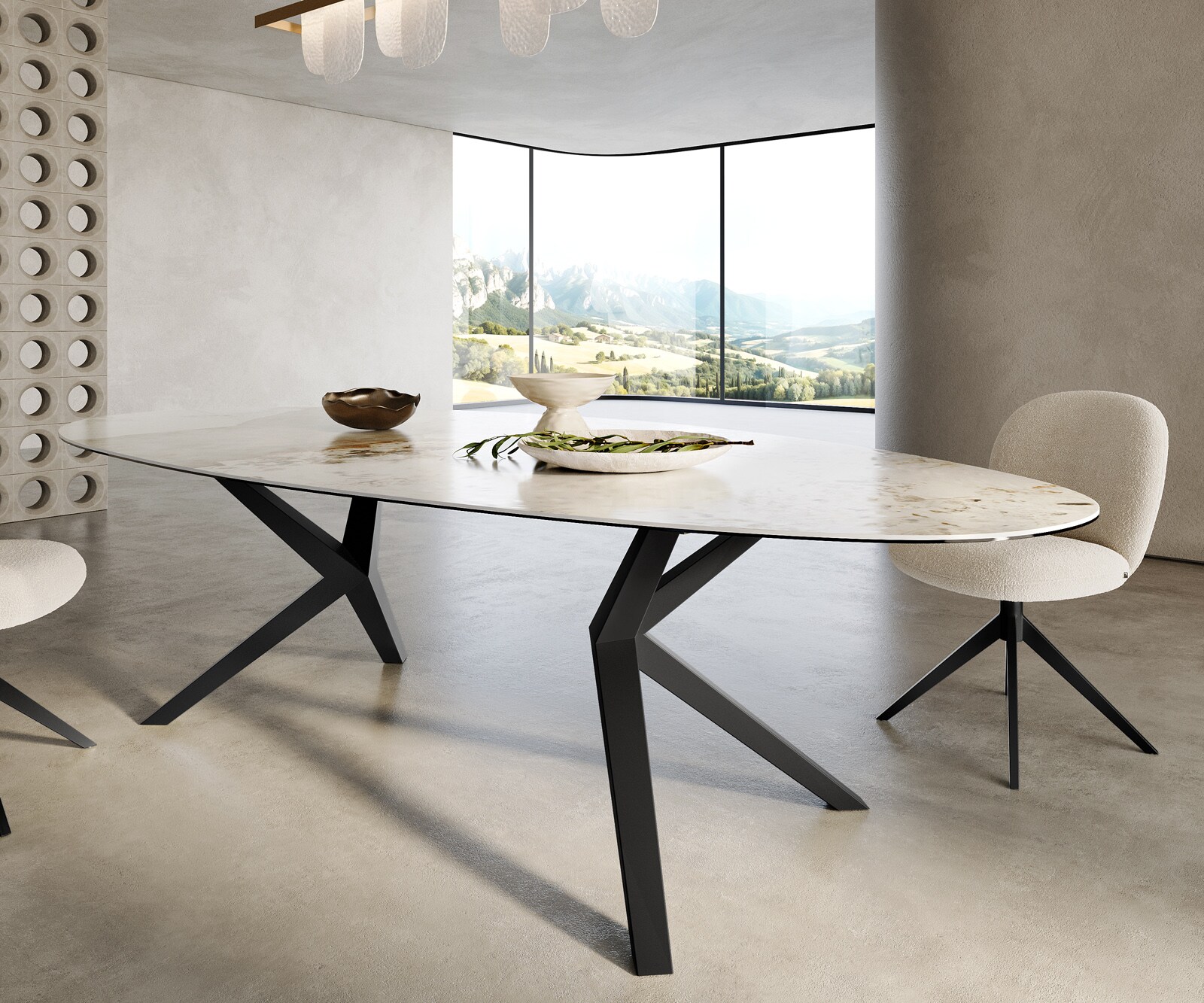 Table à manger Edge Ovale 280x130 Céramique Minas Melange Blanc-Beige Zenthara anguleux Métal Noir 5