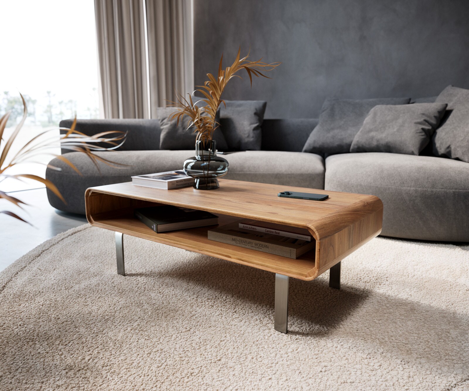 
Table basse Anaya 100x50 cm acacia naturel 1 compartiment pied en L inoxydable 1